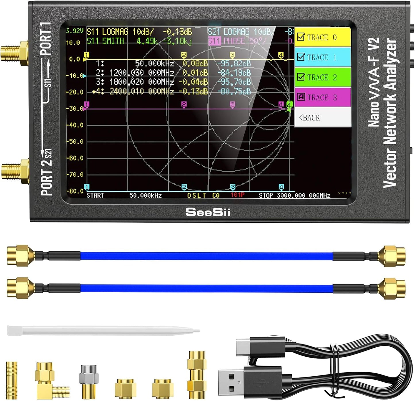 Upgraded NanoVNA-F V2 Vector Network Analyzer 50kHz-3000MHz HF VHF UHF VNA Antenna Analyzer 4.3 inch with 5000mA-h,Measuring S-Parameter Voltage SWR, Phase, delay, Smith Chart