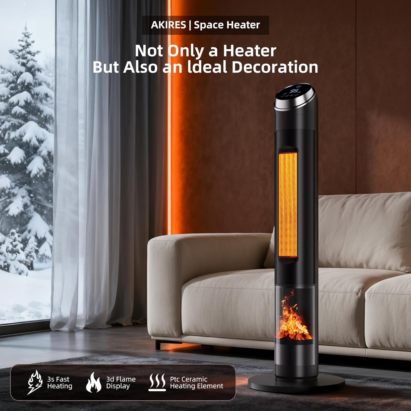 AKIRES 38IN Space Heater Large Room,1500w Space Heater For Indoor Use,120°Oscillating Tower Heater With Thermostat,Remote Control,Overheat & Tip-Over Protection,24H Timer For Large Rooms Matte Black