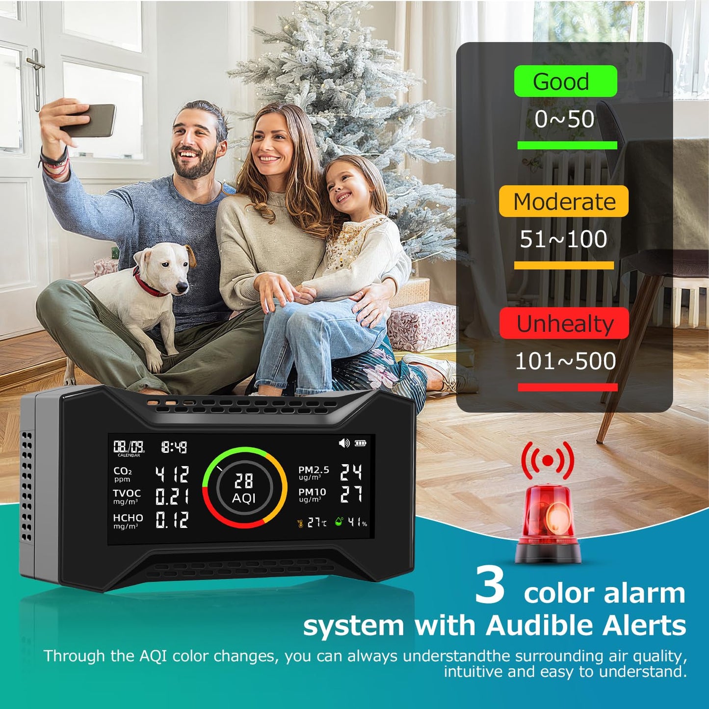 Air Quality Monitor Indoor, Simbow CF-20 8-in-1 CO2 Monitor Air Quality Tester for (PM2.5, PM10, CO2, VOC, Formaldehyde, Humidity, Temp) Air Quality Meter for Home