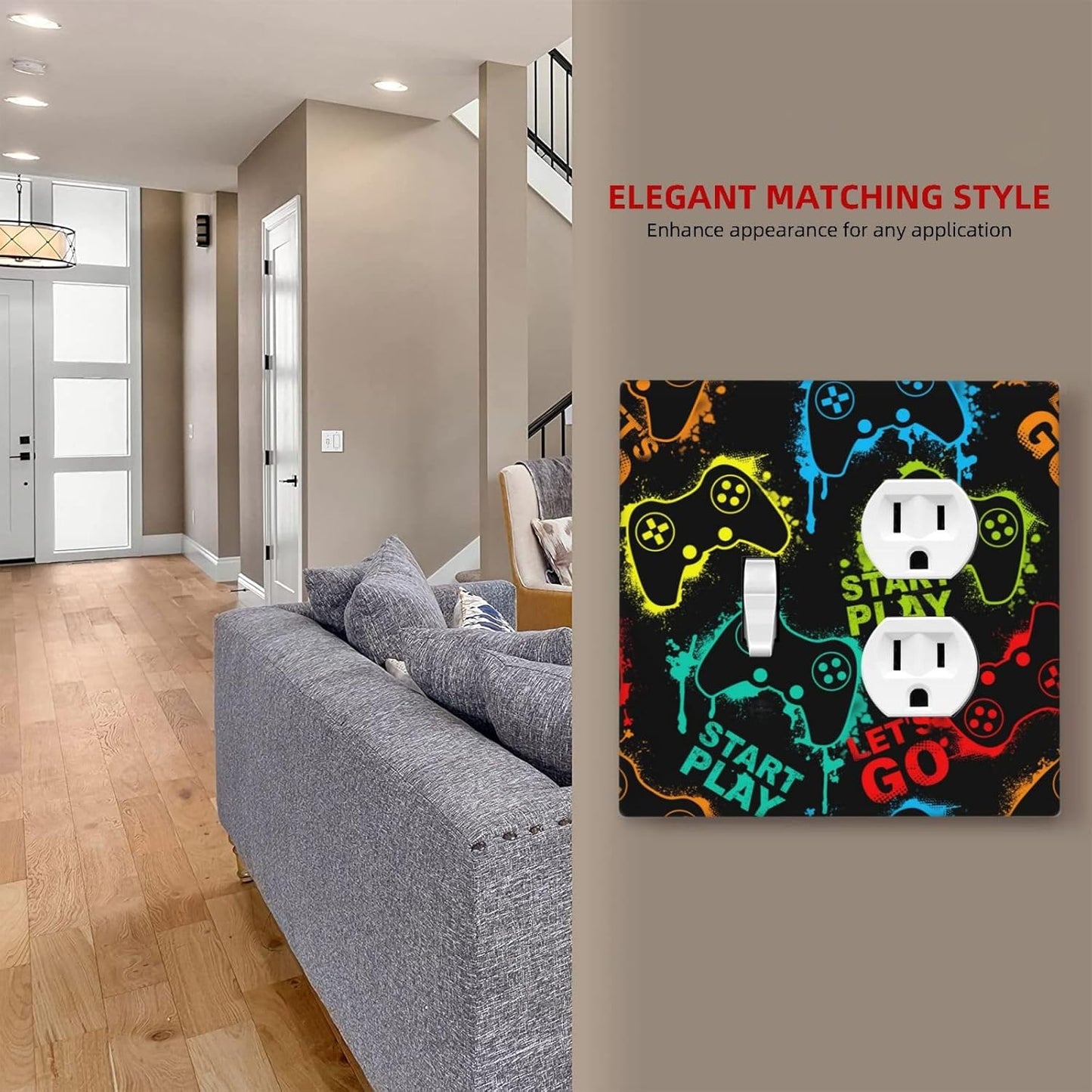 Decorative Outlet Covers Gamepad Theme Graffiti 2 Gang Wall Plate Single Toggle Duplex Light Switch Cover Switch Plate Covers Faceplate for Game Room Bedroom Home Decor