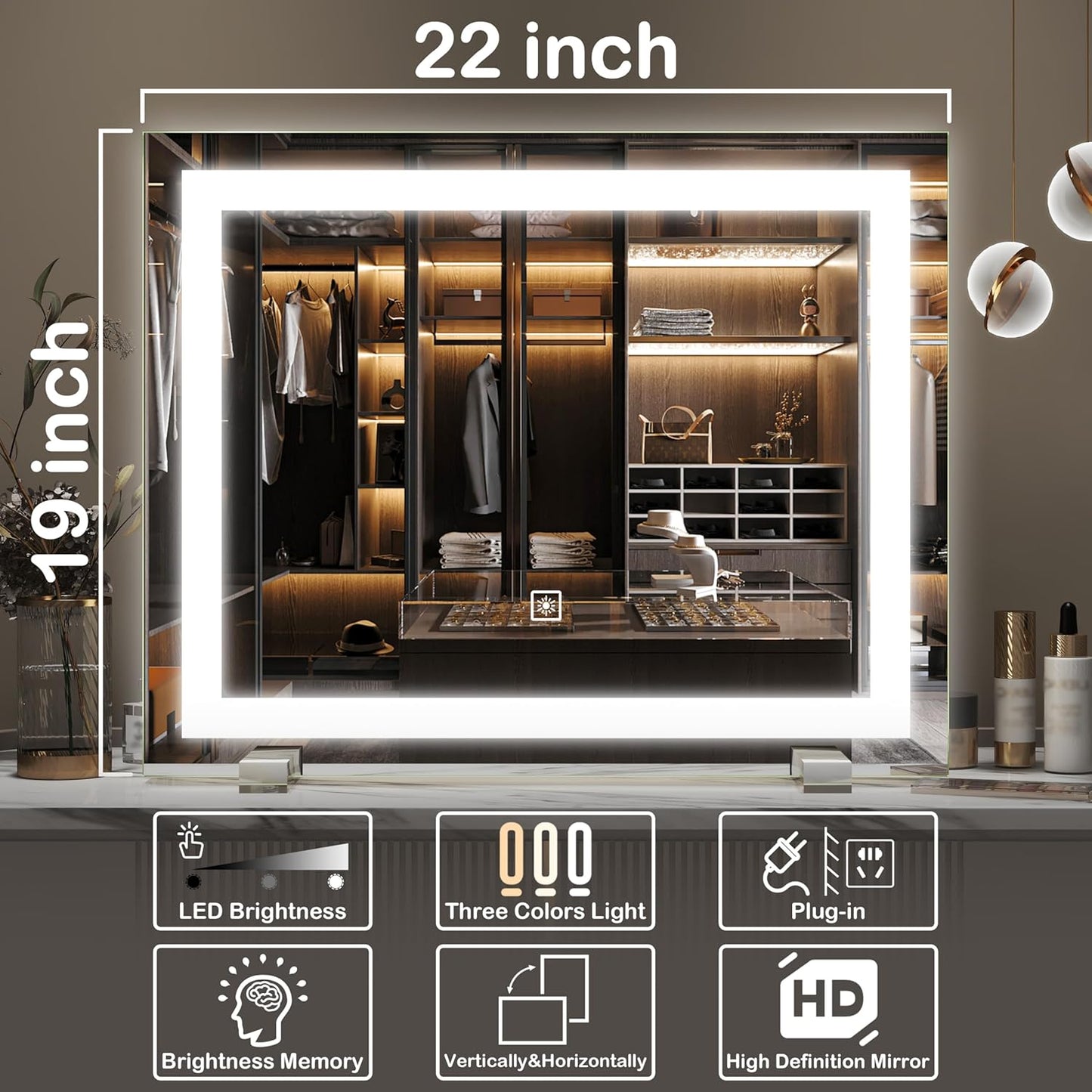 FENNIO Vanity Mirror with Lights，20"x23" Lighted Makeup Mirror, Large Makeup Mirror with Lights, Touch Sensor with Dimmable 3 Modes， Square White