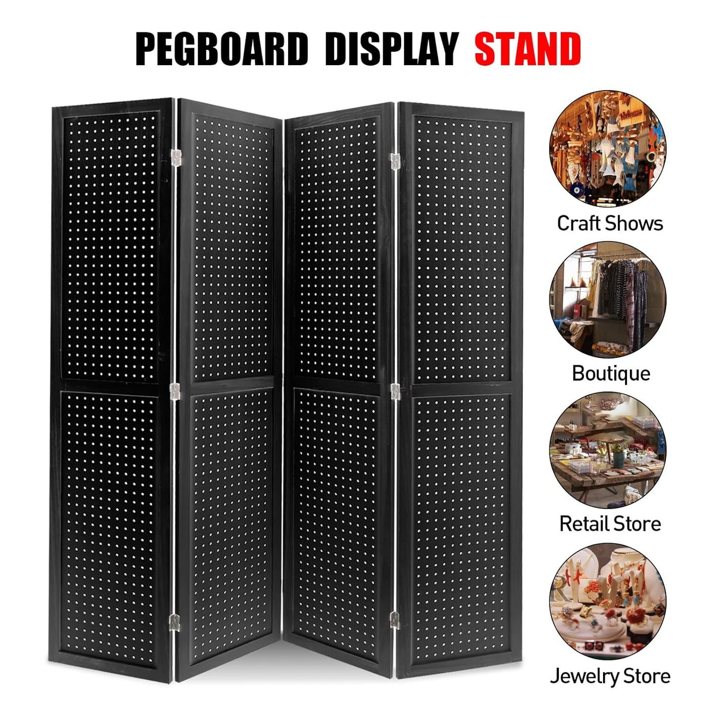 Babion 4 Panel Pegboard Display, Peg Board Room Divider Freestanding Folding Privacy Screens Display Stand for Craft Shows (Black)