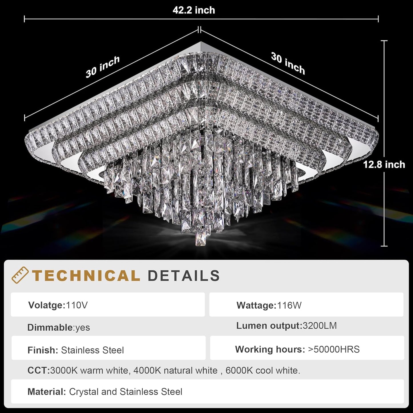 Elegant LED Crystal Raindrop Ceiling Light, 30 Inch Square Flush Mount Chandelier with Remote for Living Room Kitchen Island Bedroom Hallway Entryway Foyer (Dimmable)