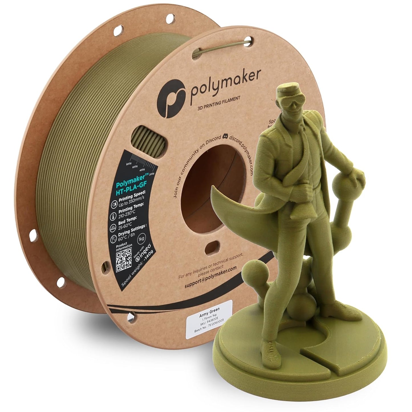 Polymaker HT-PLA-GF Filament 1.75mm Army Green, High Temp PLA for 3D Printing, Heat Resistant to 150°C, Easy to Print, Easy to Anneal, Works with Most FDM Printers, 1kg Spool