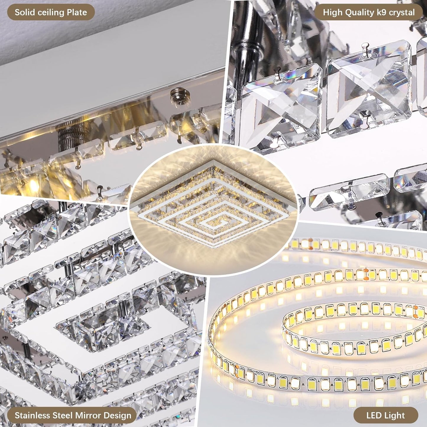 43" Modern Crystal Chandelier with Remote/APP Control, Dimmable Flush Mount Ceiling Light Fixture, 3-Color Temperature, Led Ceiling Lamp for Living Room Bedroom Kitchen Dining Room Entryway