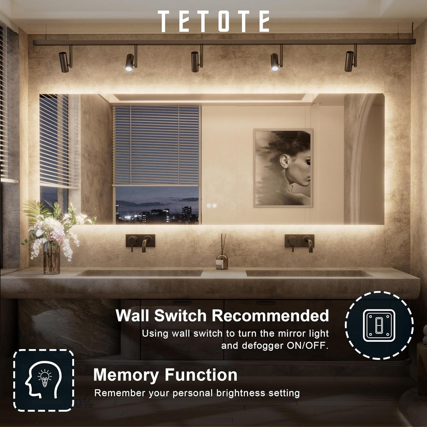 TETOTE 96 x 36 Inch LED Backlit Bathroom Mirror with Lights,3Color White/Warm/Natural,Anti-Fog Lighted Mirror,Dimmable,Vanity Mirror,Wall Mounted
