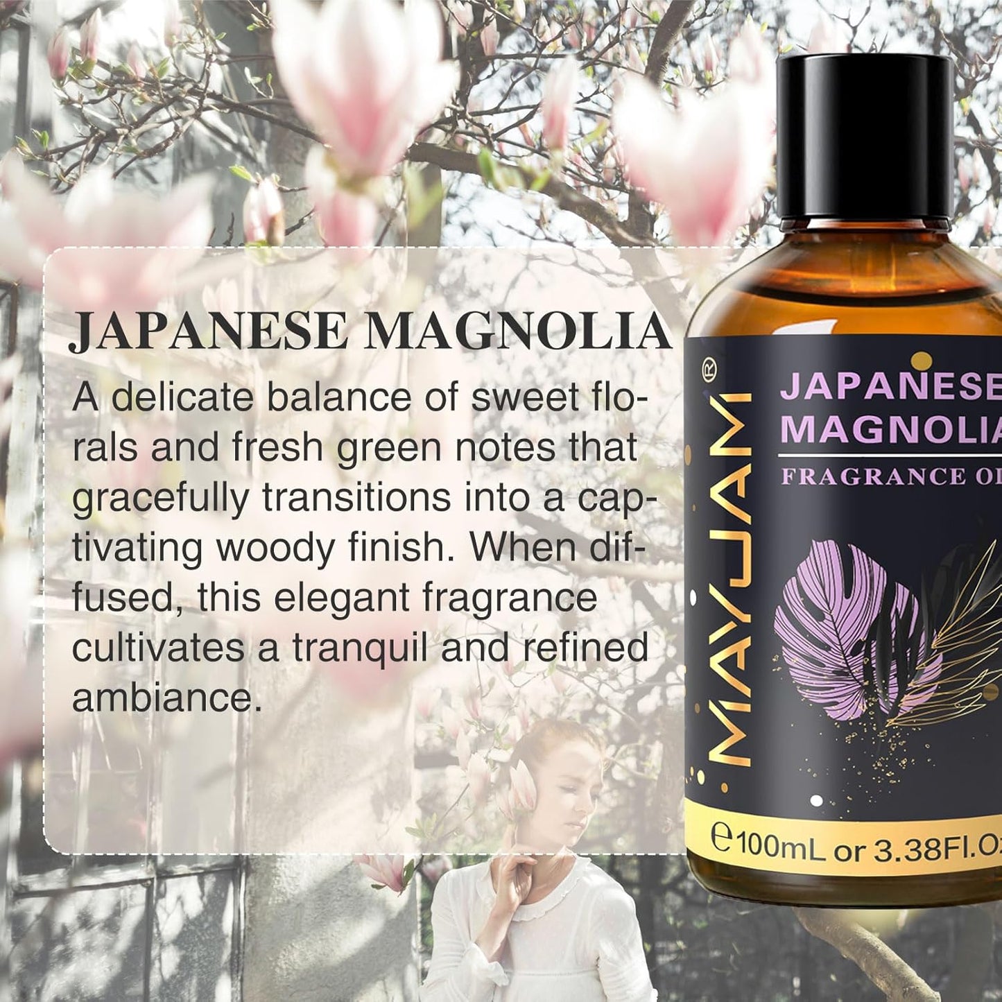MAYJAM 100ML/3.38FL.OZ Japanese Magnolia Fragrance Oils with Glass Dropper, Essential Oils for Diffusers for Home, Long Lasting Scented Oils for Diffusers Soap Candle Making