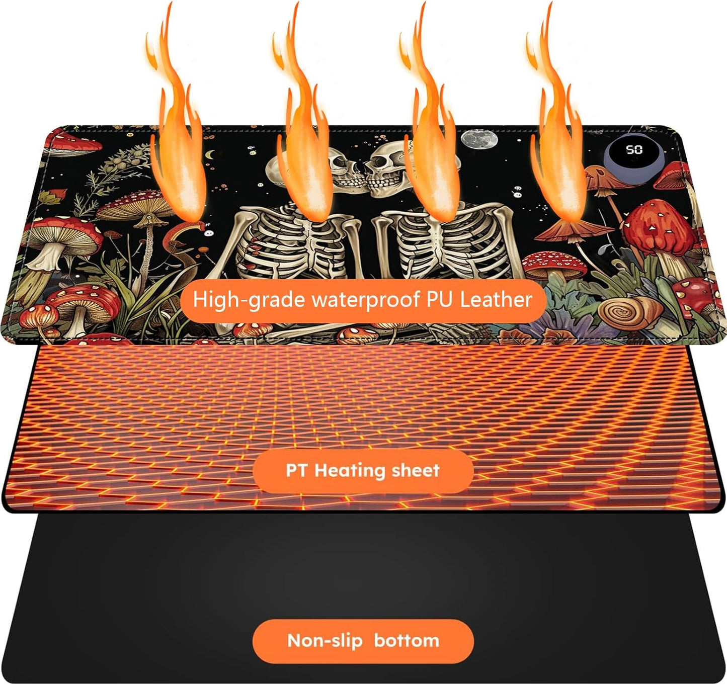 Heated Mouse Pad with 3 Levels Heated & 3 Hours Auto Shut-Off Mouse Pad for Warming Hands in Office Home, 31.5" x 13"Large Safe Desk Mat Hand Warmer，Kiss Skull