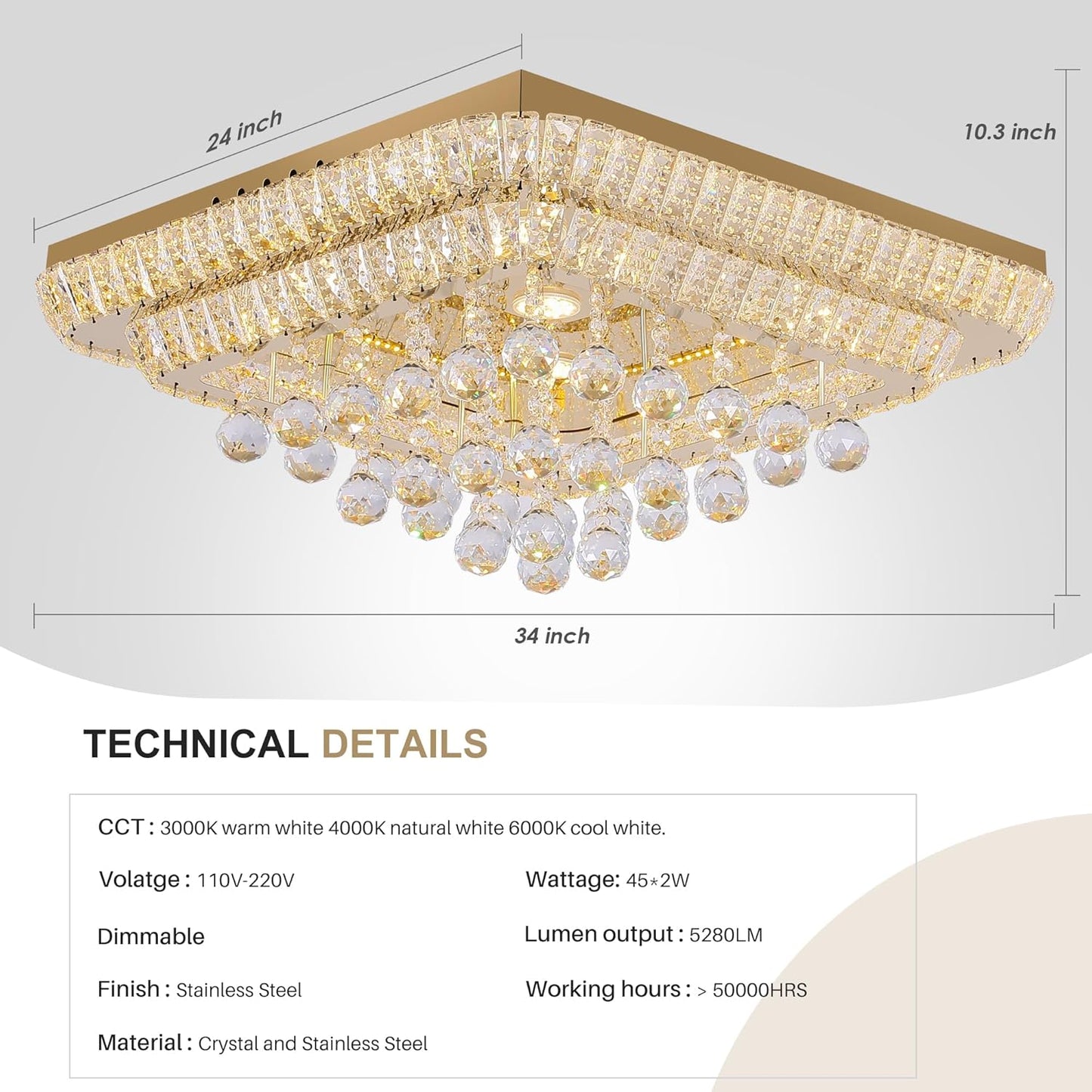 24 inch Crystal Flush Mount Gold Chandelier Remote/APP, Modern Raindrop LED Ceiling Light, 3CCT Dimmable & Brightness Adjustable,Elegant Chandeliers for Bedroom Hallway Dinning Room Living Room