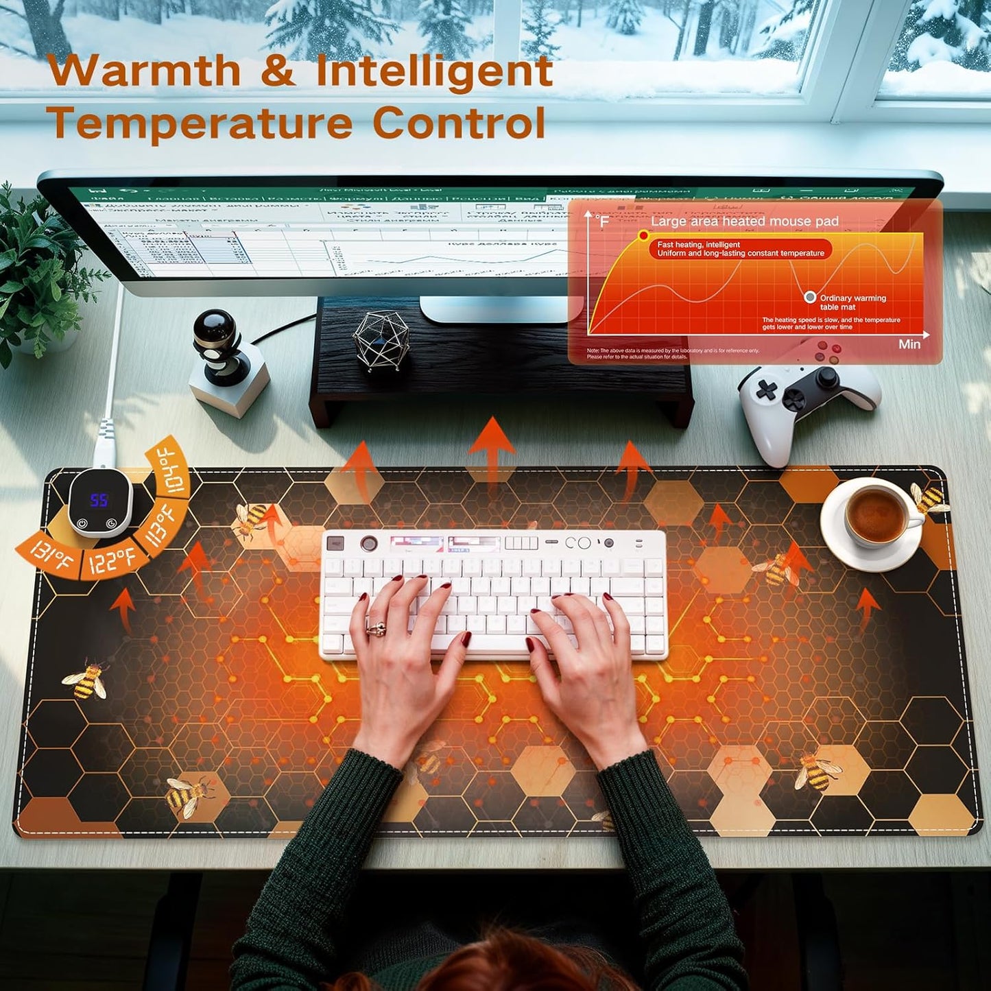 iCasso Heated Mouse Pad, XL Big Desk Pad with 4 Heating Levels & 4 Auto Shut-Off Levels for Computer Keyboard, 31.5" x 13" Large Safe Desk Mat Hand Warmer for Home Office Work (Honeycomb)