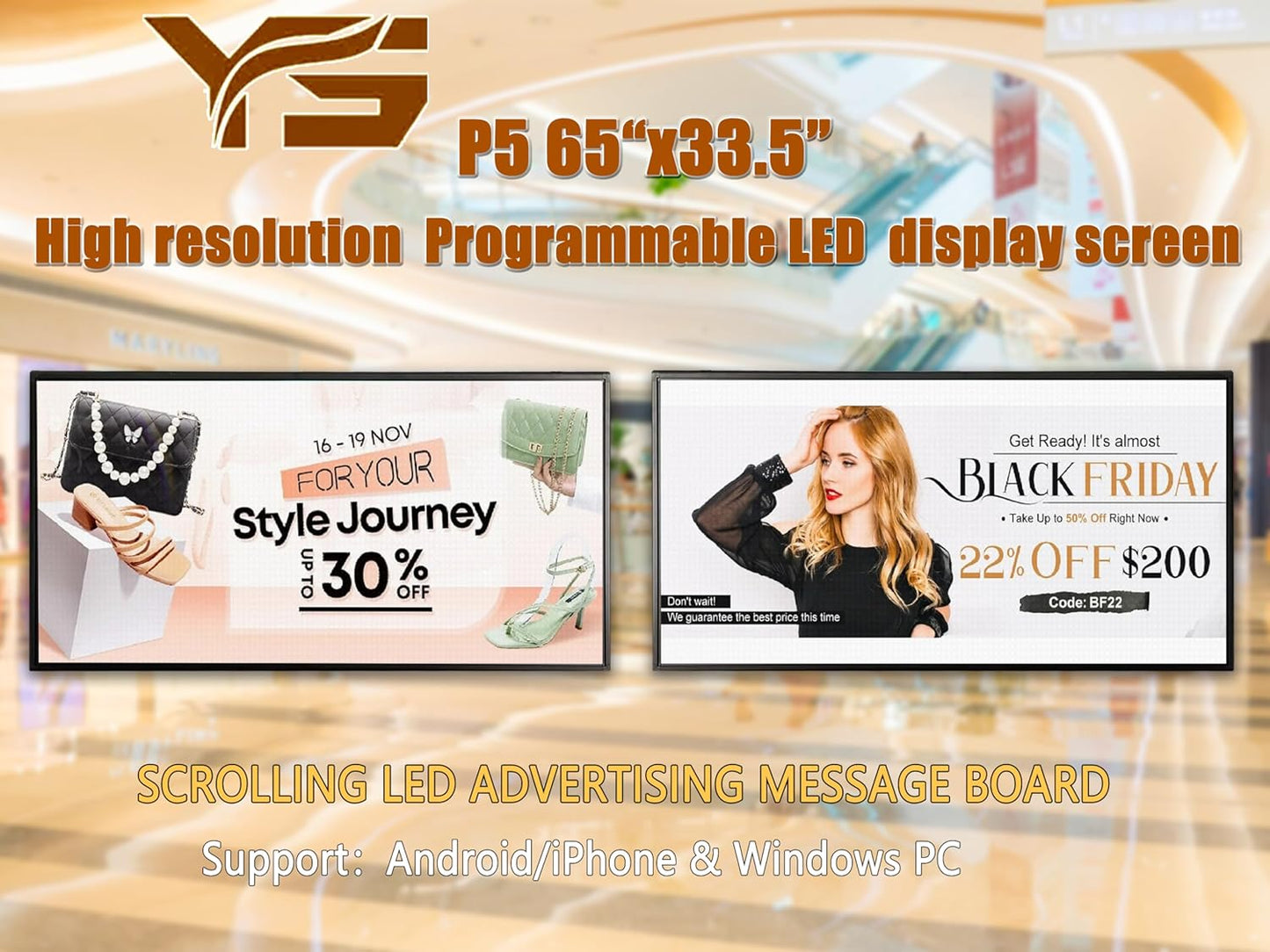P5 Outdoor IP65 Waterproof 65"x34" Programmable LED Sign Board - Wi-Fi Full Color High-Res Scrolling Display, USB Control, Custom Images & Video for Business