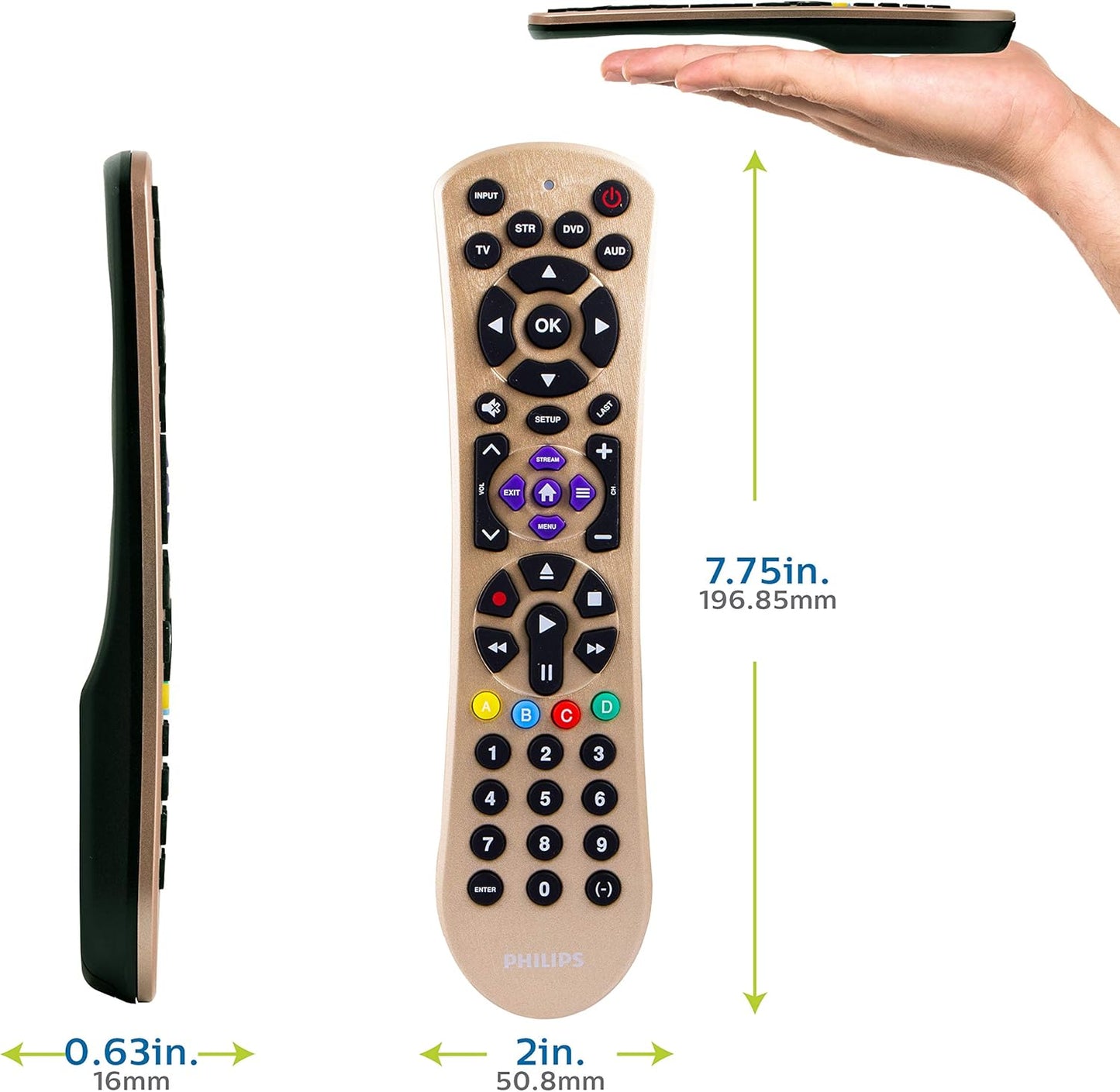 Philips Universal Remote Control Replacement for Samsung, Vizio, LG, Sony, Sharp, Roku, Apple TV, RCA, Panasonic, Smart TVs, Streaming Players, Blu-ray, DVD, Simple Setup, 4 Device, Gold, SRP2014C/27