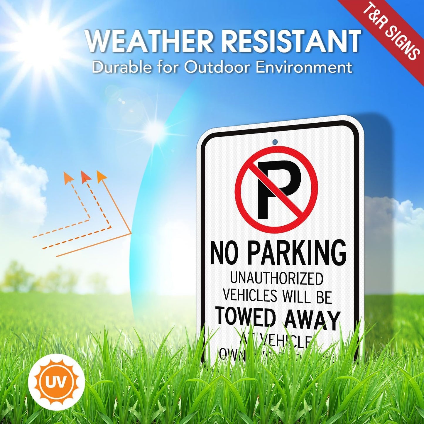 T&R (4 Pack) Large No Parking Sign Will Be Towed Away Sign, 18" x 12" Engineer Grade Reflective Sheeting, Rust Free Aluminum, Weather Resistant, Waterproof, Fade Resistant, 2 Pre-drilled Holes
