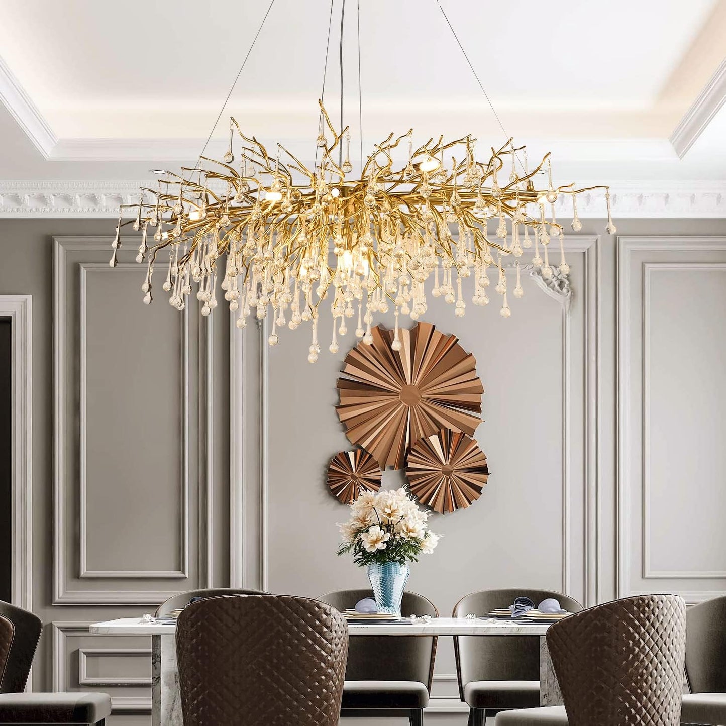 Modern Crystal Rectangular Chandelier for Dining Room, 47.24inch Gold Branch Lighting Raindrop Large Kitchen Island Hanging Light Fixture for High Ceiling Living Room Bedroom Foyer