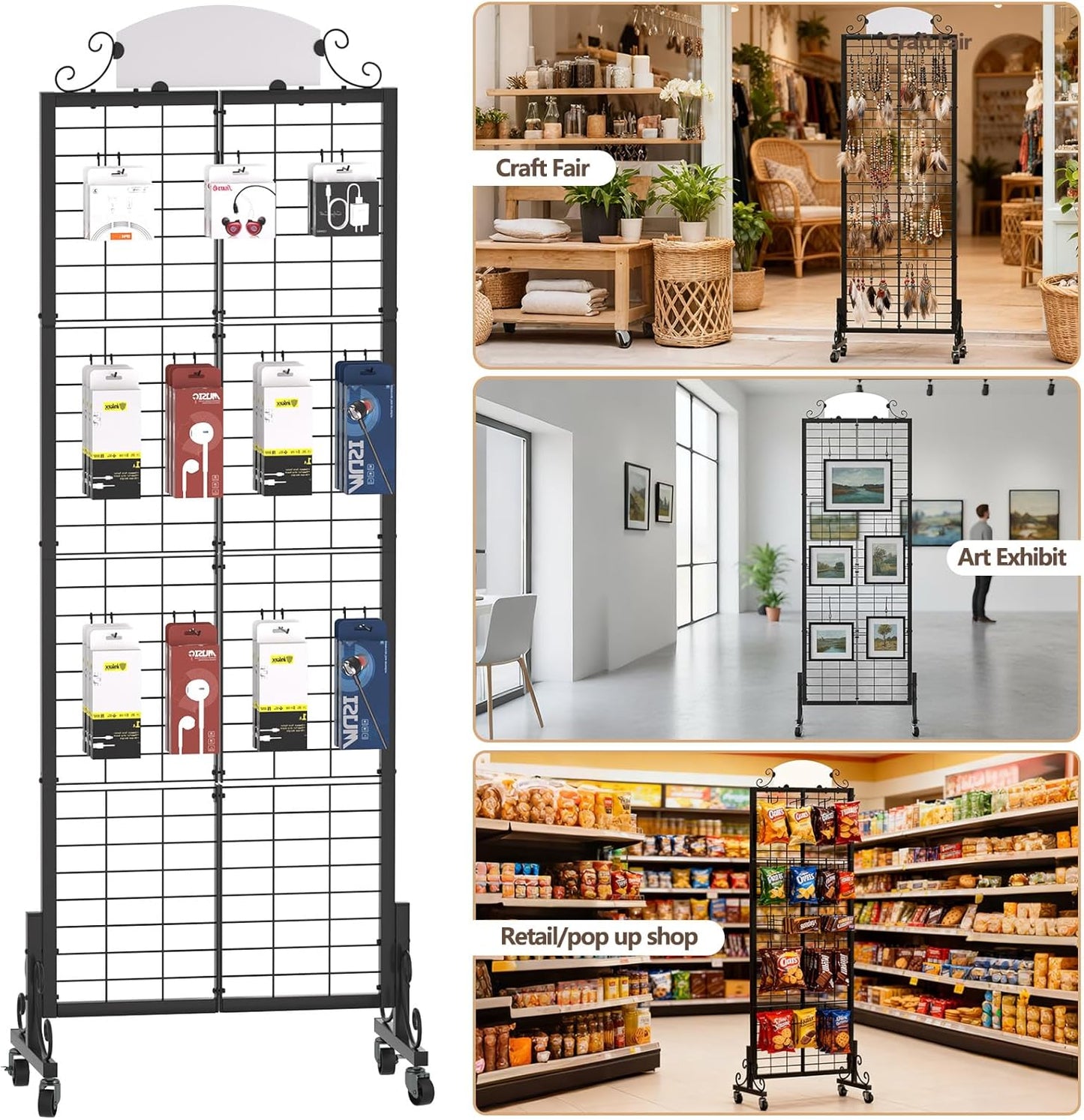 Urban Deco Grid Wall Panel Display Stand, 2.2' x 6.2' FT Gridwall Panel with Extra 8 Hooks, Craft Show Display Rack Black Metal Grids Standing Wire Rack for Retail Merchandise