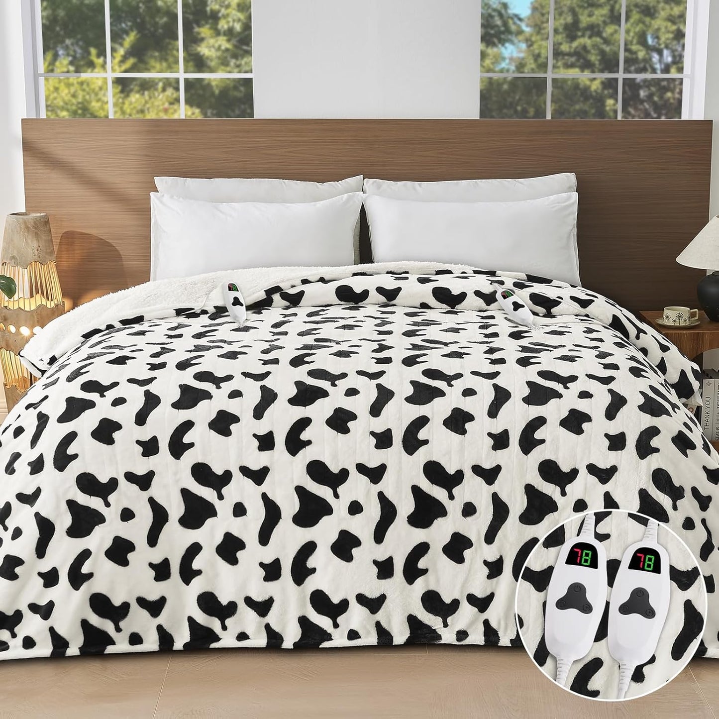 Cow Print Electric Heated Blanket King Size,90X100 Black Heating Blanket King with Dual Control&Timer&10 Heat Level,Cute Cow Decor Fleece Sherpa Blankets Warmer Gifts for Bed Women Adults