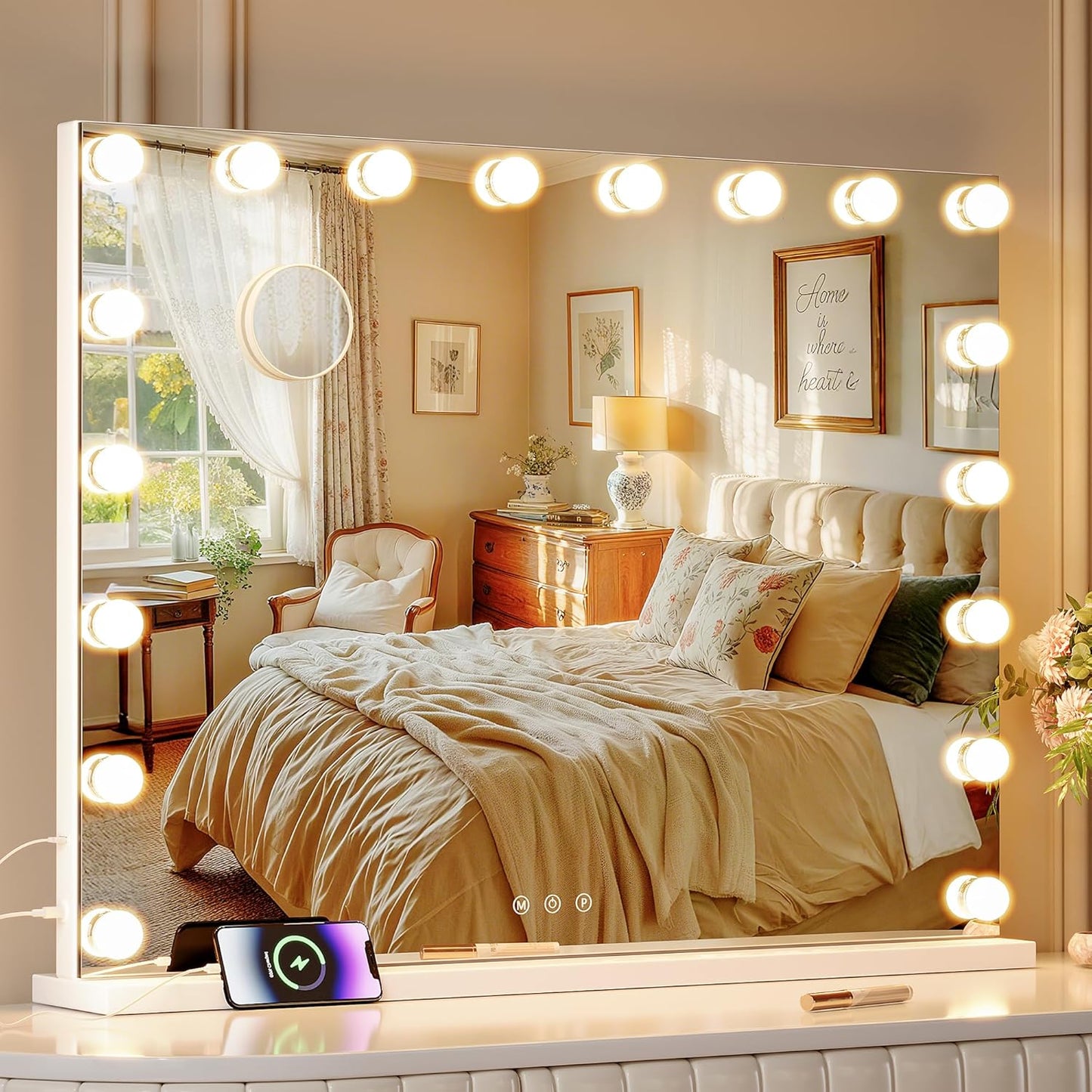 ZL ZELing Vanity Mirror Makeup Mirror with Lights,31.49" x 23.62"Large Tabletop Light up Mirror with 18Bulbs,10X Magnification,USB Charging Port,3 Color Touch Control Dimmable Lights.