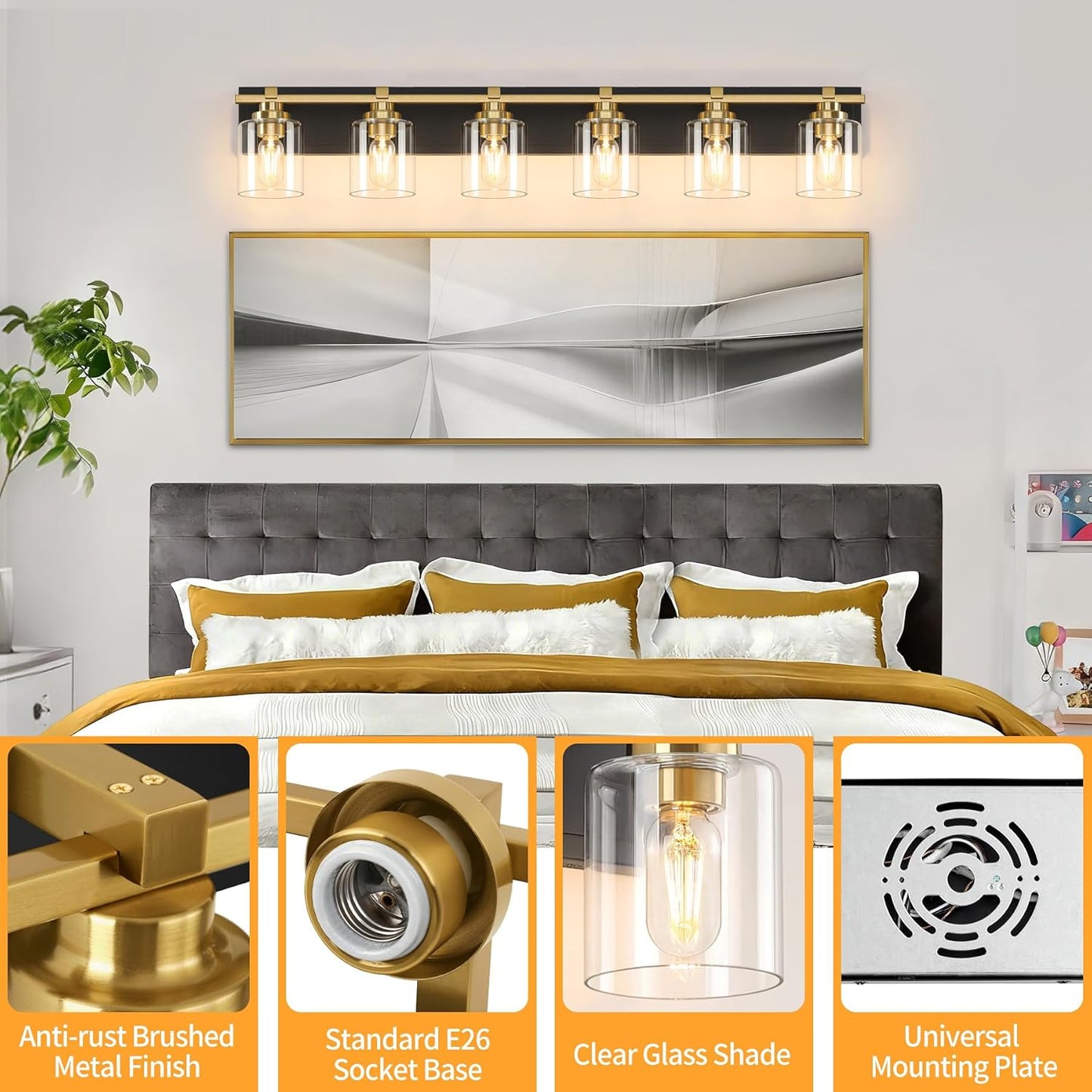 6 Light Modern Bathroom Light Fixtures Over Mirror, Black Gold Vanity Lights for Bathroom Wall Sconces with Clear Glass Shades, E26 Socket (Bulbs Not Included)