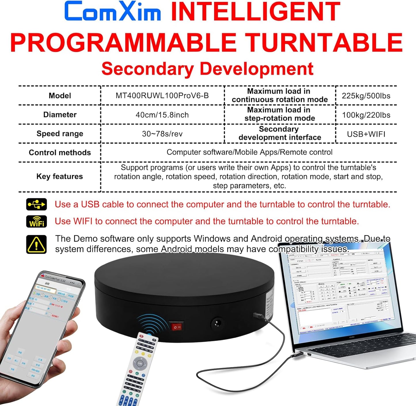 Programmable Motorized Electric Photography Turntable Rotating Platform Rotating Display Stand Secondary Development Motorized Electric Lazy Susan for 3D Scaner or Photography with USB/Wi-Fi
