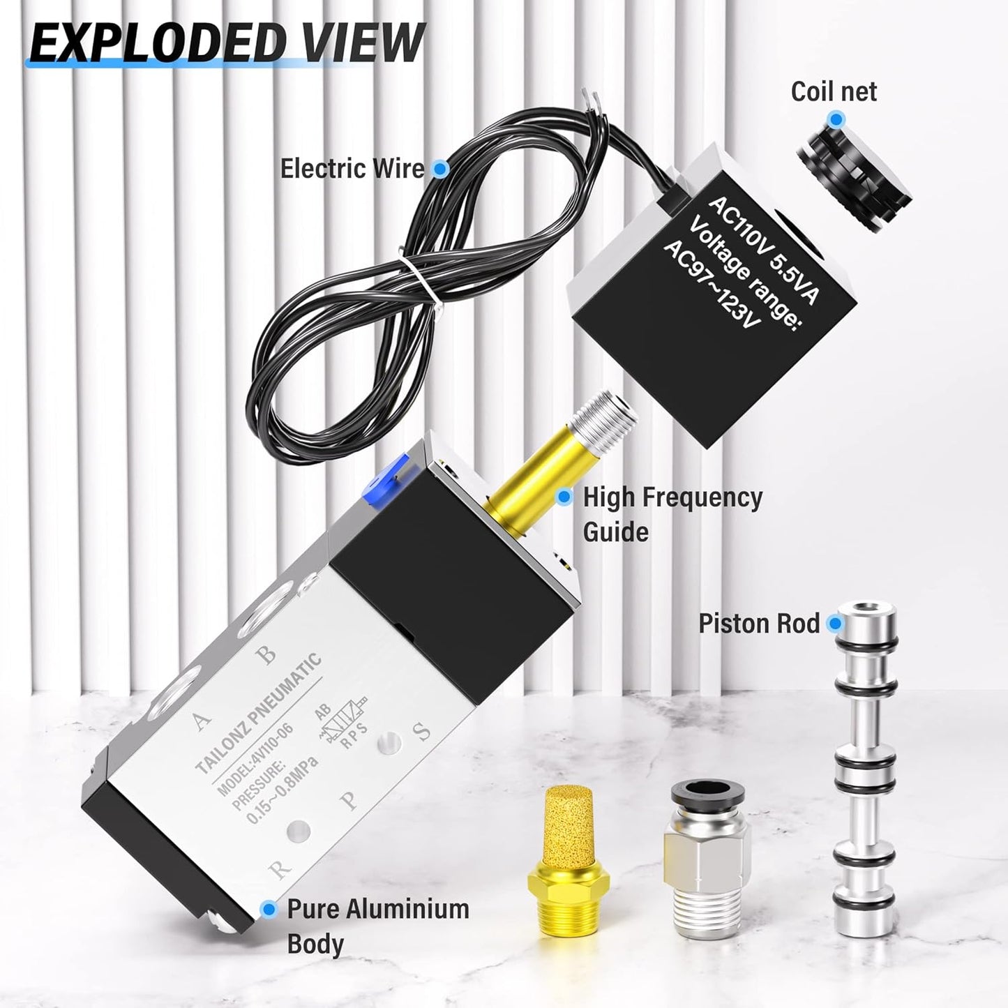 TAILONZ PNEUMATIC 1/8"NPT Solenoid Valve 4V110-06 AC220V Single Coil Pilot-Operated Electric 2 Position 5 Way Connection Type Outlet wire