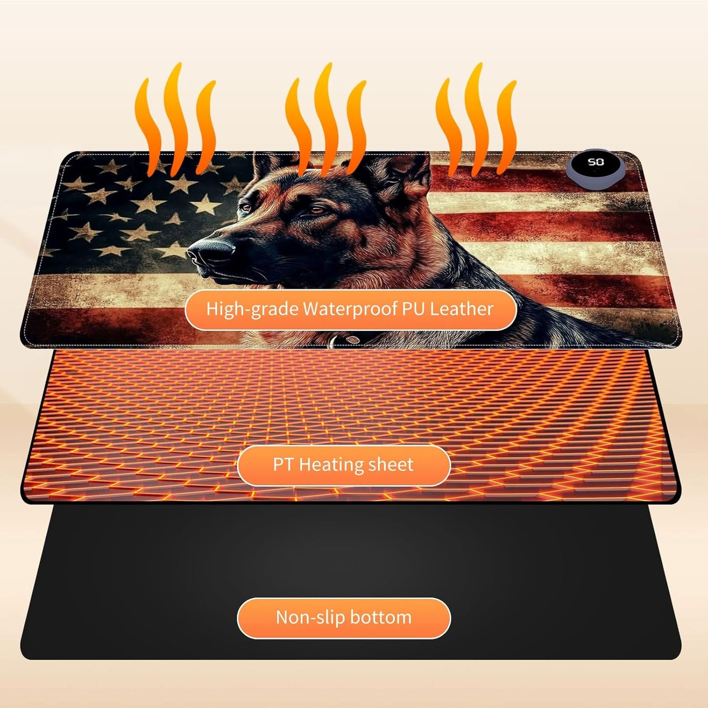 Heated Mouse Pad for Desk 31.5" x 13" – PU Leather Warm Desk Pad with 3 Heat Levels (104°F/113°F/122°F), Plug-in Electric Heating Mat with Auto Shut-Off, Waterproof & Rollable, German Shepherd