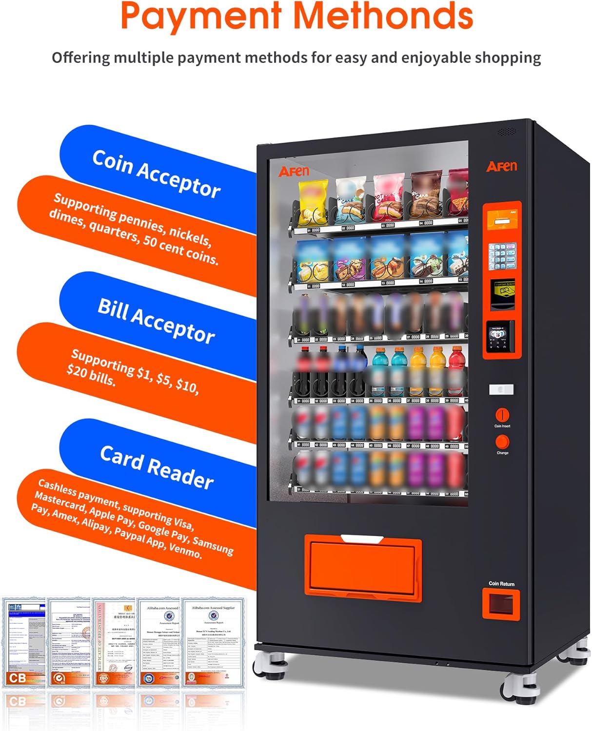 Afen Commercial Vending Machine Snack & Drink 60 Slot Refrigerated Soda Combo Vending Machine for Business Fatory Bulk Cashless, Bill Acceptor and Card Reader