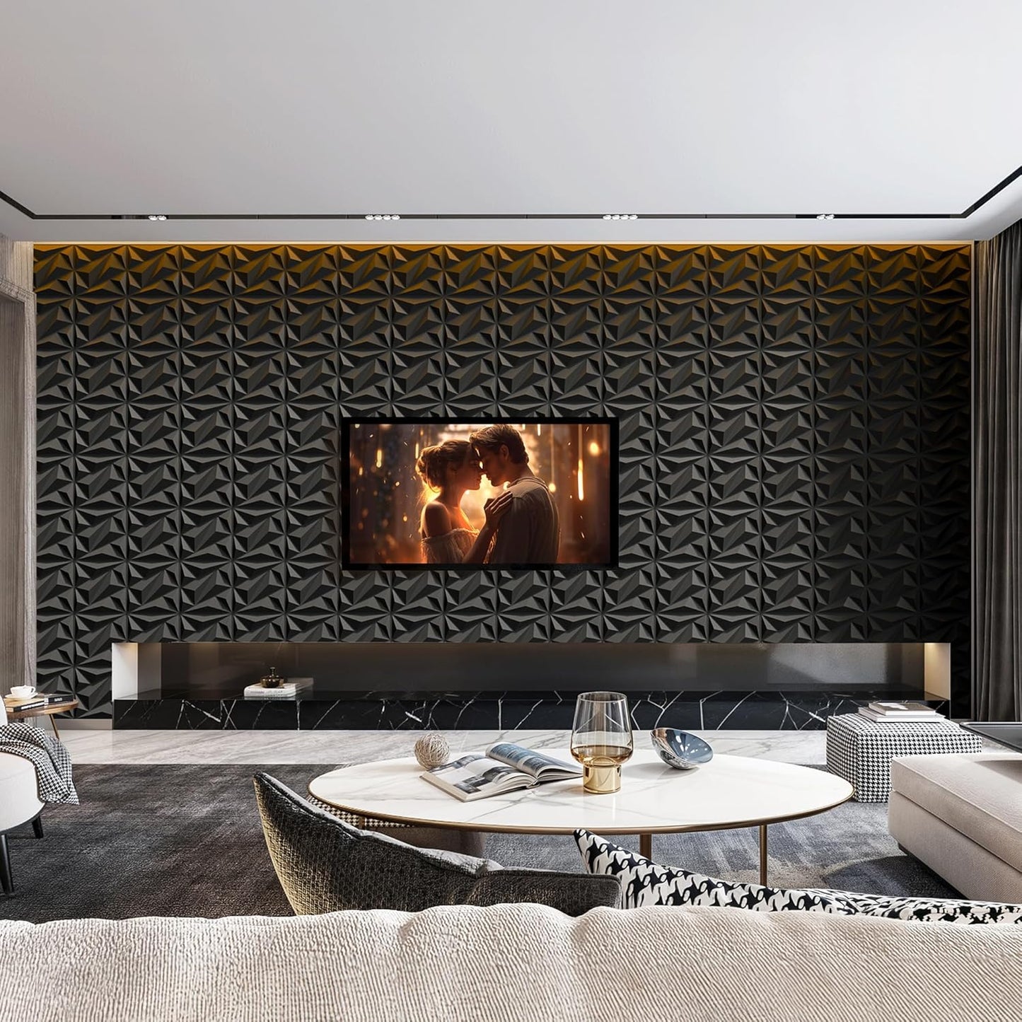 INMOZATA 3D Wall Panels for Interior Wall Decor, 33 Pack 12 x 12 Inch Decorative Wall Panels Diamond 3D Textured Accent Panel for TV, Gaming Living Room, Bedroom Background(Black)