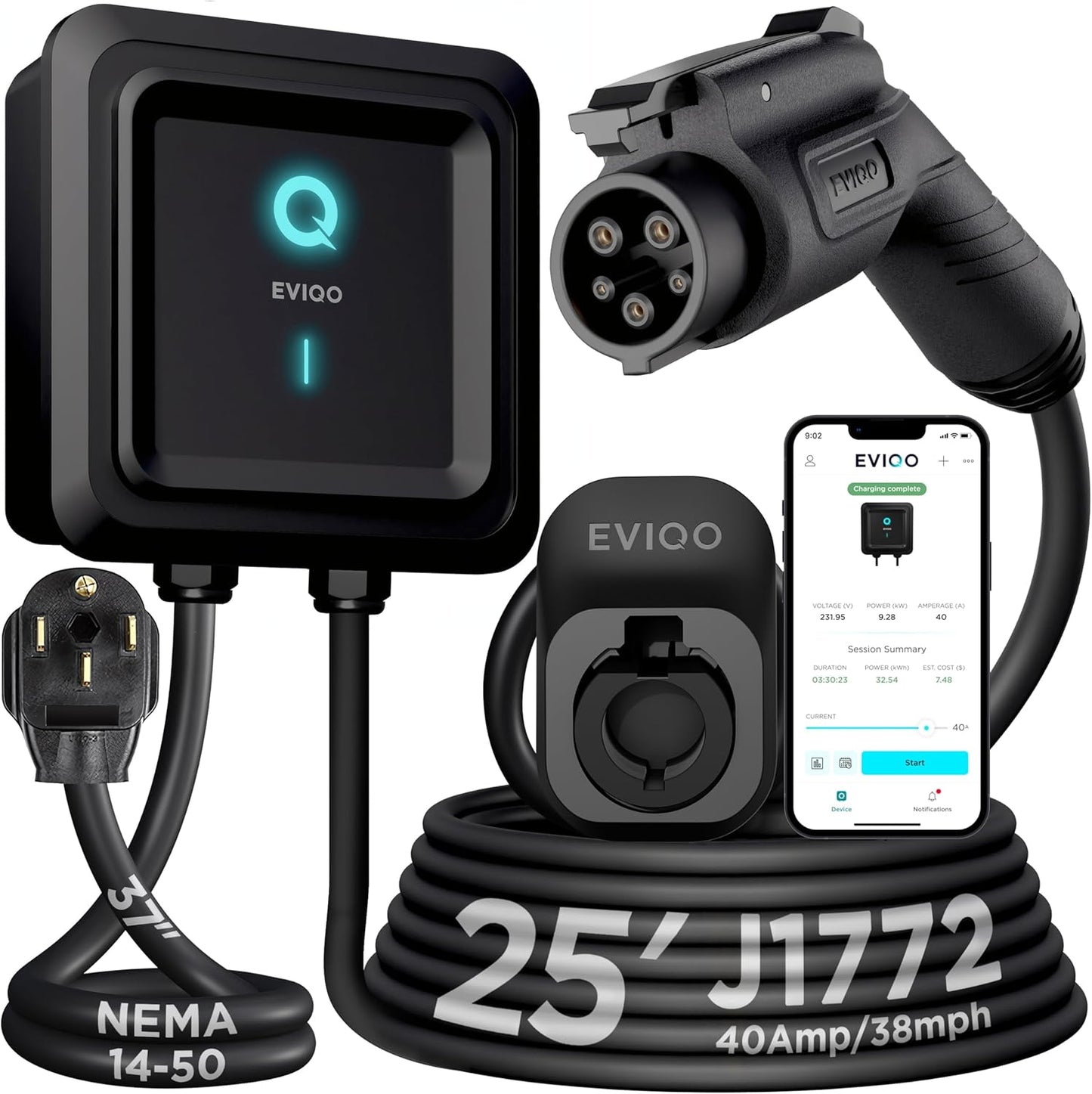 EVIQO Level 2 EV Charger 40 Amp - 9.6 kW 240V Wall Home EV Charger Level 2, NEMA 14-50 Plug, J1772 25' Cable - Enhanced Wi-Fi – UL, ETL Certified EVSE, Smart Electric Vehicle Charging Stations – GEN 2