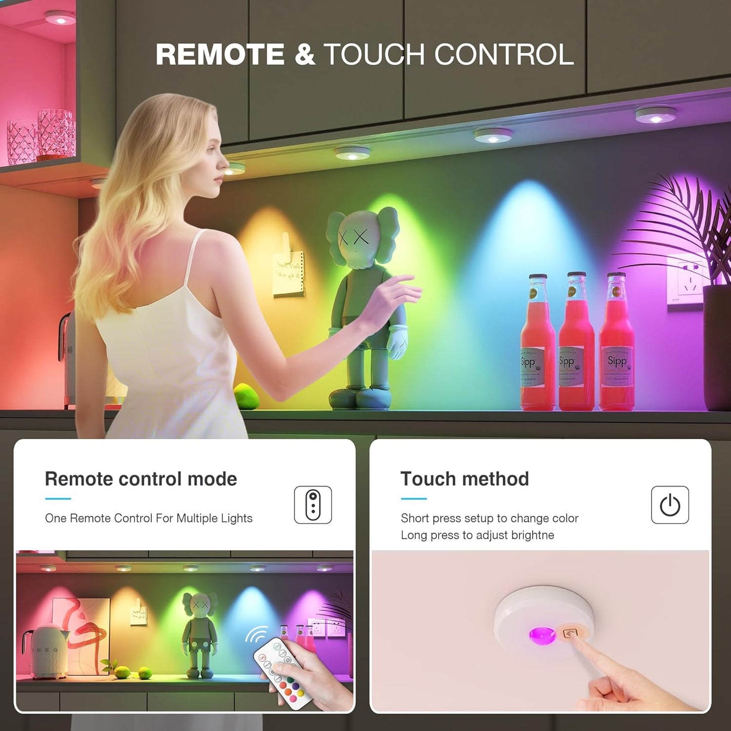 RGB Puck Lights with Remote Control, 2000mAh Battery Operated Tap Lights Rechargeable, 9 Colors & 2 Dynamic Changing Under Cabinet Lighting, Magnetic Stick on Light for Closet(White, 3 Pack)