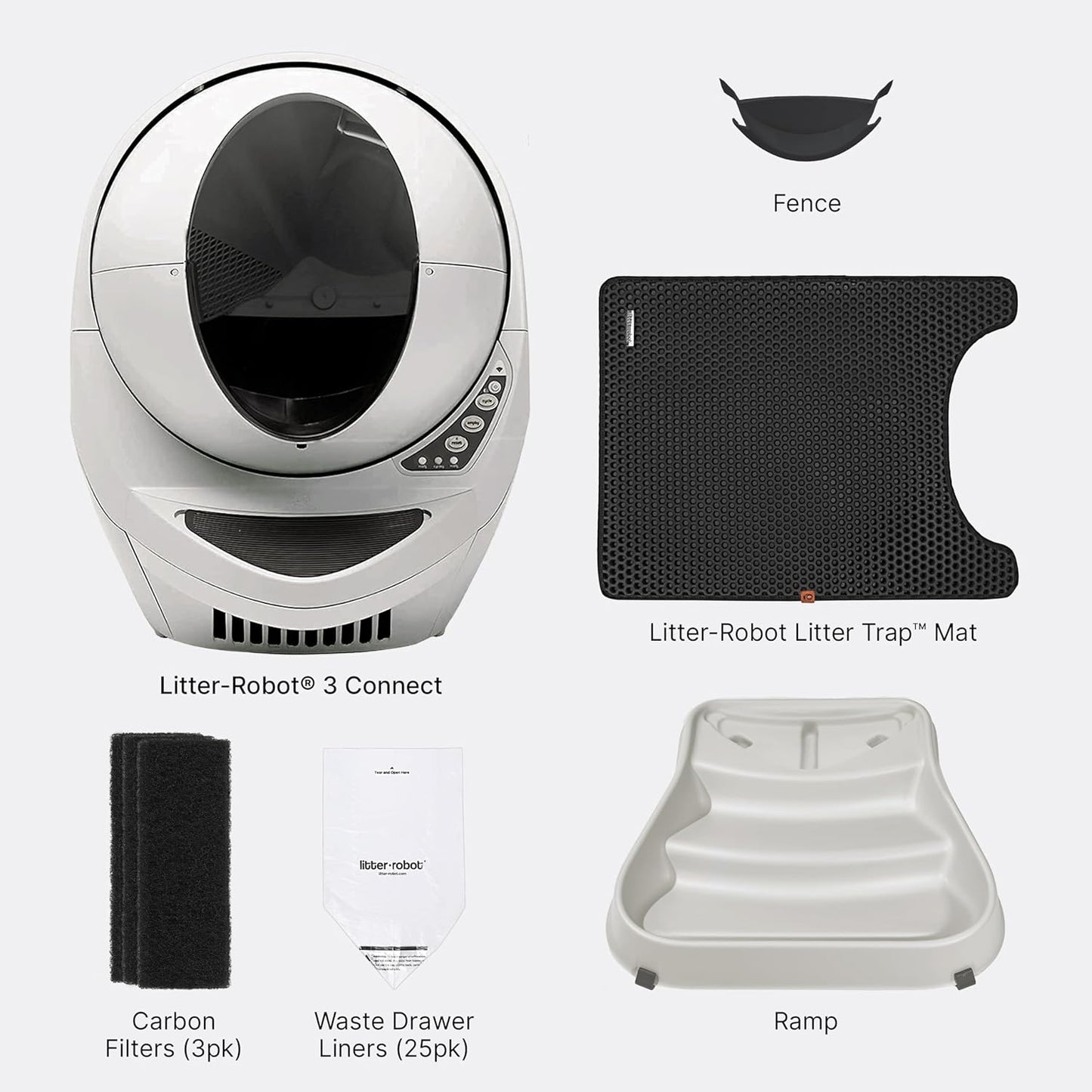 Litter-Robot 3 Connect Core Bundle by Whisker, Beige - Includes Automatic, Self-Cleaning Litter Box, LitterTrap Mat, Fence, Ramp, 25 Liners, 3 Carbon Filters & WhiskerCare 1-Year Warranty