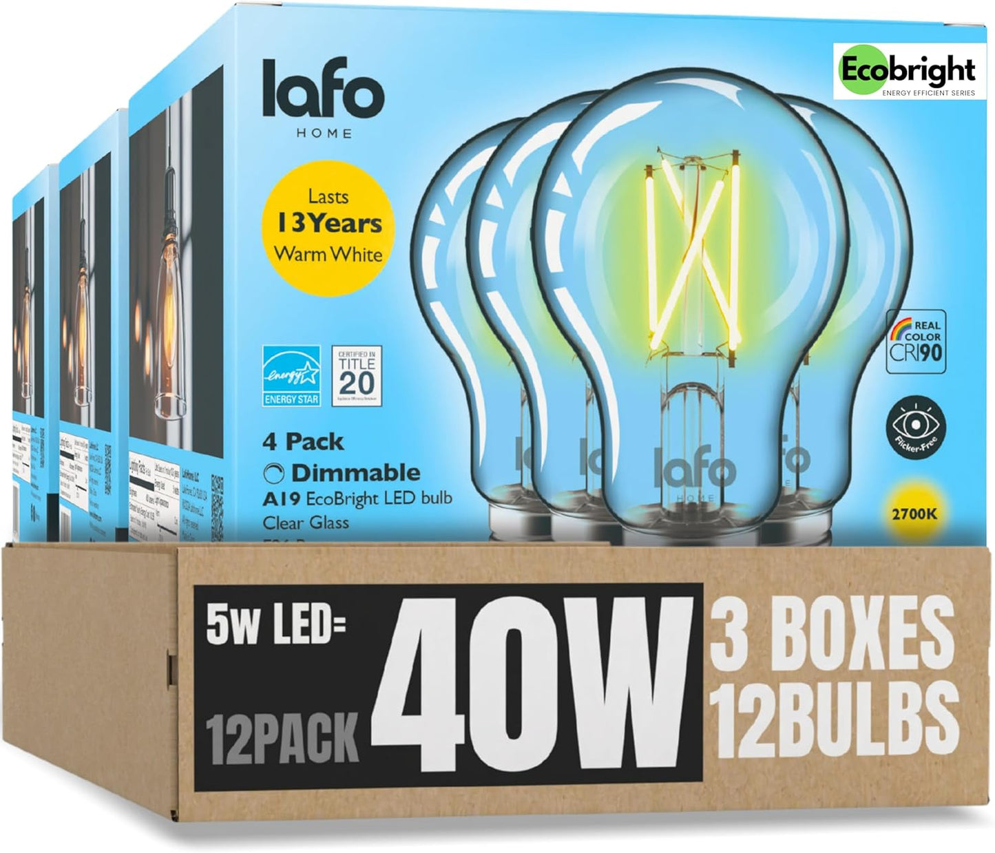 EcoBright 4PK Dimmable A19 LED Filament Bulb 40W Equivalent 5W E26 Base 450 Lumens CRI90 Flicker Free Clear Glass Energy Star Title 20 Warm White 2700K for Lamps Indoor Use