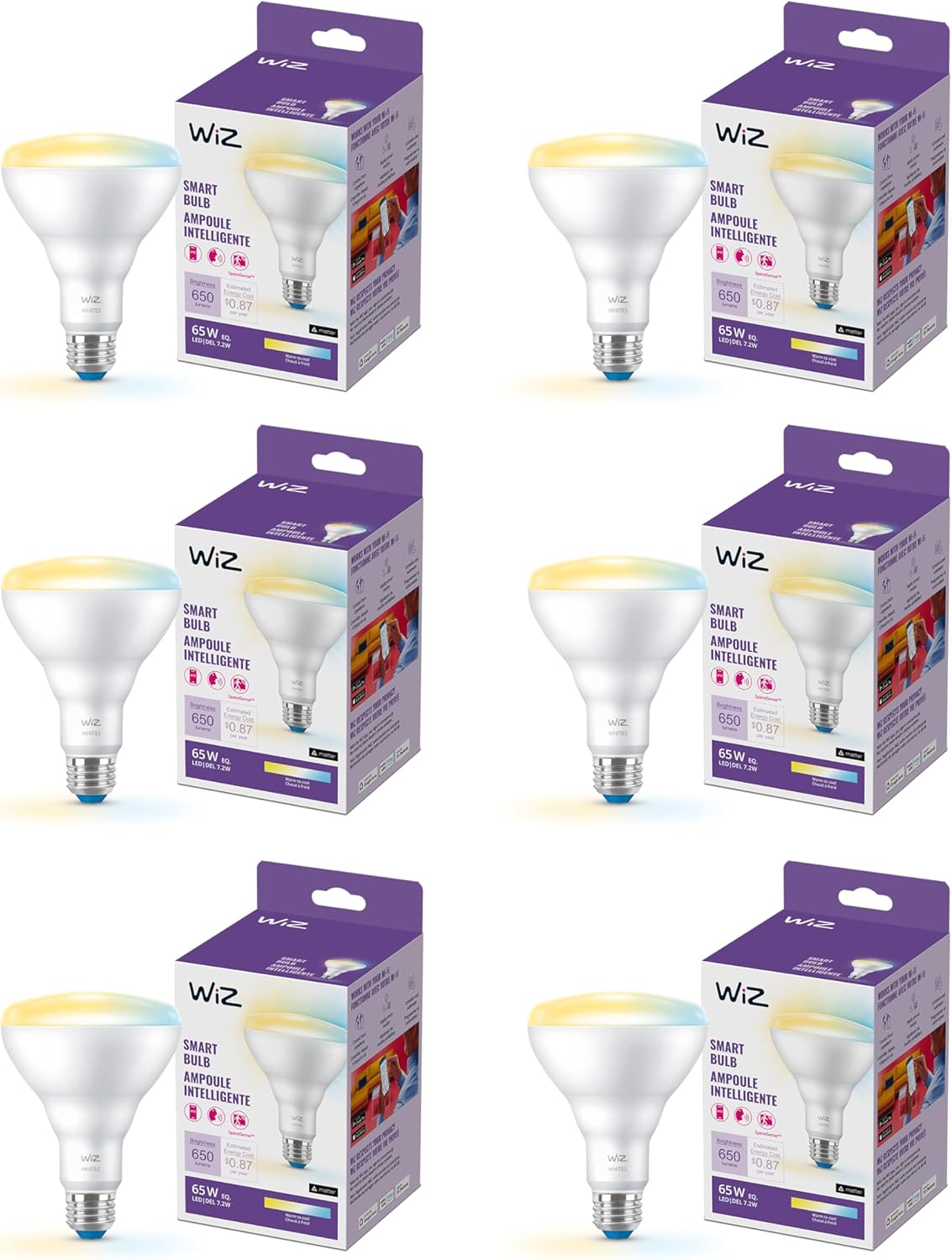 WiZ 65W BR30 Tunable White LED Smart Bulb - Pack of 6 - E26- Indoor - Connects to Your Existing Wi-Fi - Control with Voice or App + Activate with Motion - Matter Compatible