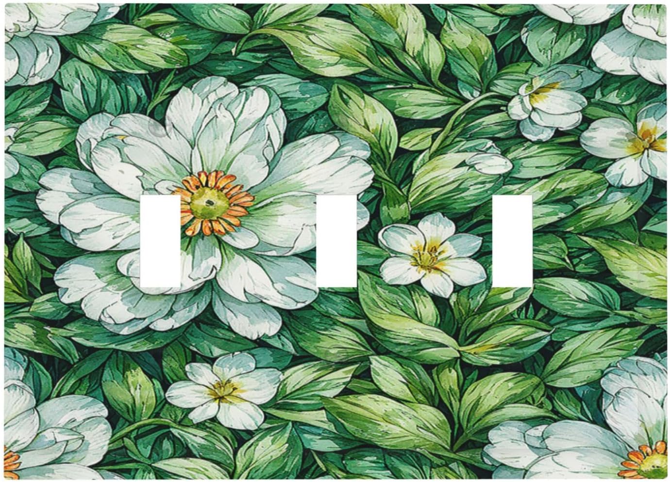 Vintage Floral White Flowers Green Plants Leaves Decorative Switch Plates 3 Gang Wall Plate Triple Toggle Light Switch Cover Electrical Wall Panels Faceplate for Bedroom Bathroom Decor