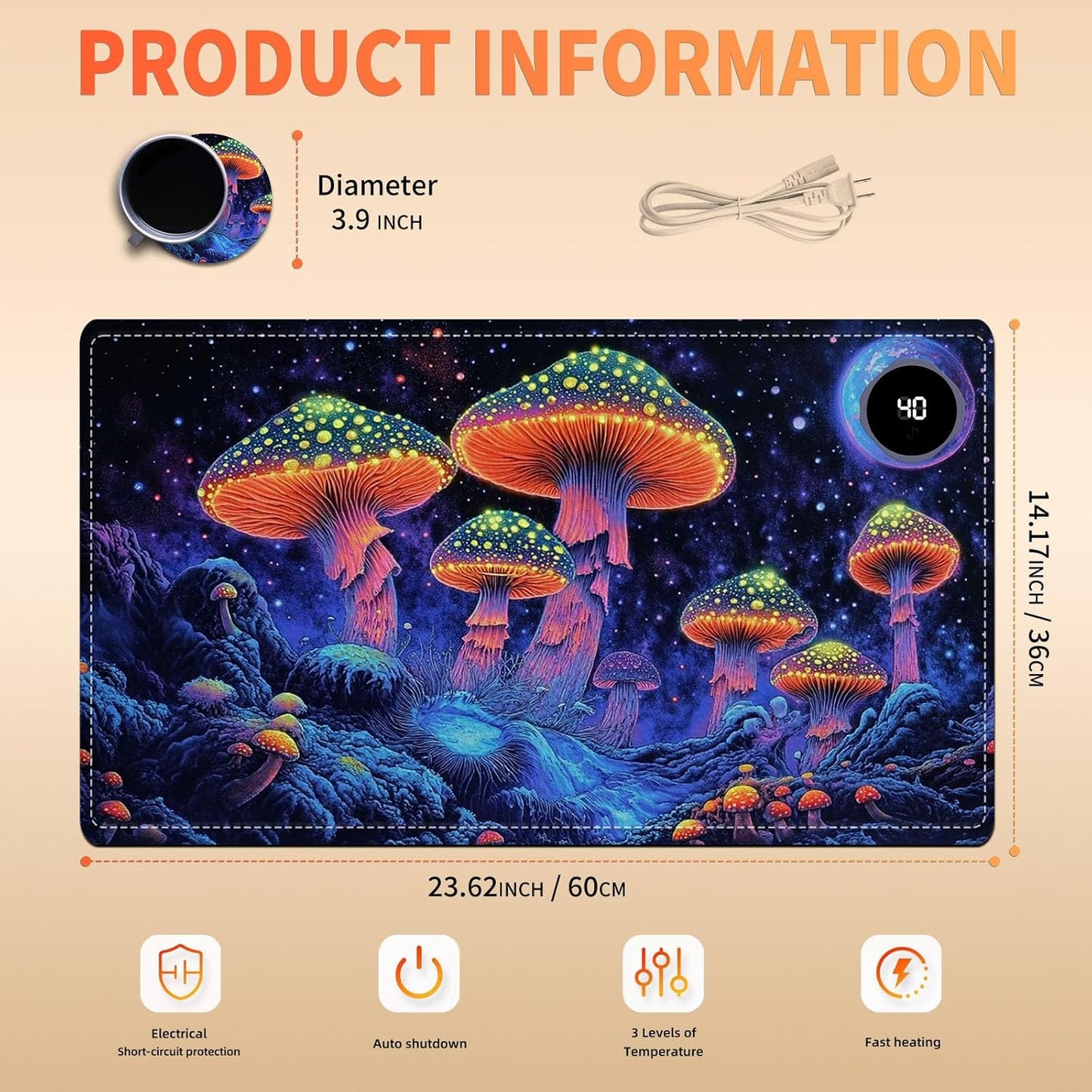 Heated Mouse Pad 23.6 x 14 in 3-Temp Fast Heating Desk Mat with Auto Timer Warmer for Hands Wrist Pain Relief Waterproof Keyboard Mat for Office, Gaming, Home, Mushroom Galaxy Art