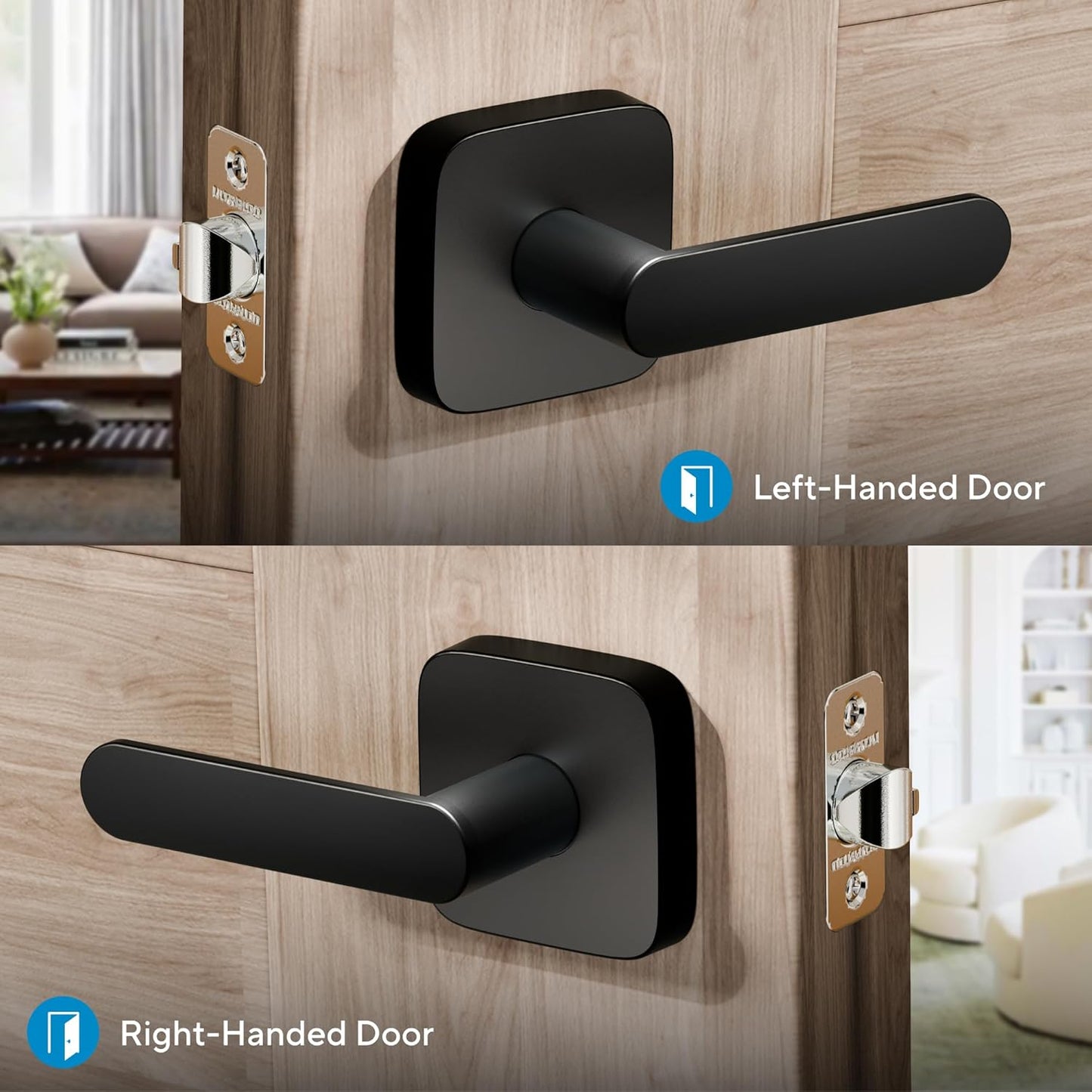 ULTRALOQ Passage Lever Door Handle, Reversible Black Front Door Handle No Lock for Interior or Exterior Door, Closet, Hallway, Adjustable Latch Backset, IP65 Waterproof, Matte Black