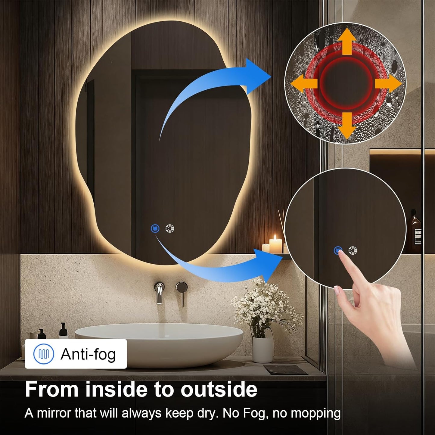 Asymmetrical Bathroom Mirror with Lights,Irregular LED Bathroom Vanity Mirror with Backlit,Anti-Fog,3 Colors and Dimmable Light with Memory,Hardwired Supported[Horizontal/Vertical] 35" H x 25" W