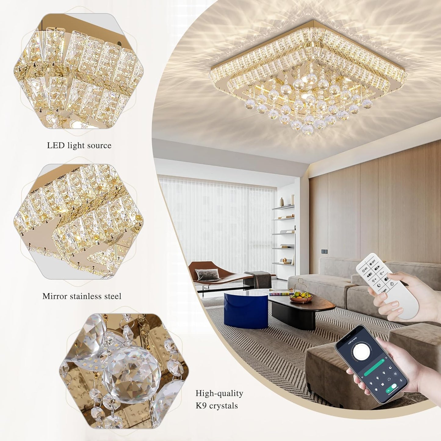 24 inch Crystal Flush Mount Gold Chandelier Remote/APP, Modern Raindrop LED Ceiling Light, 3CCT Dimmable & Brightness Adjustable,Elegant Chandeliers for Bedroom Hallway Dinning Room Living Room