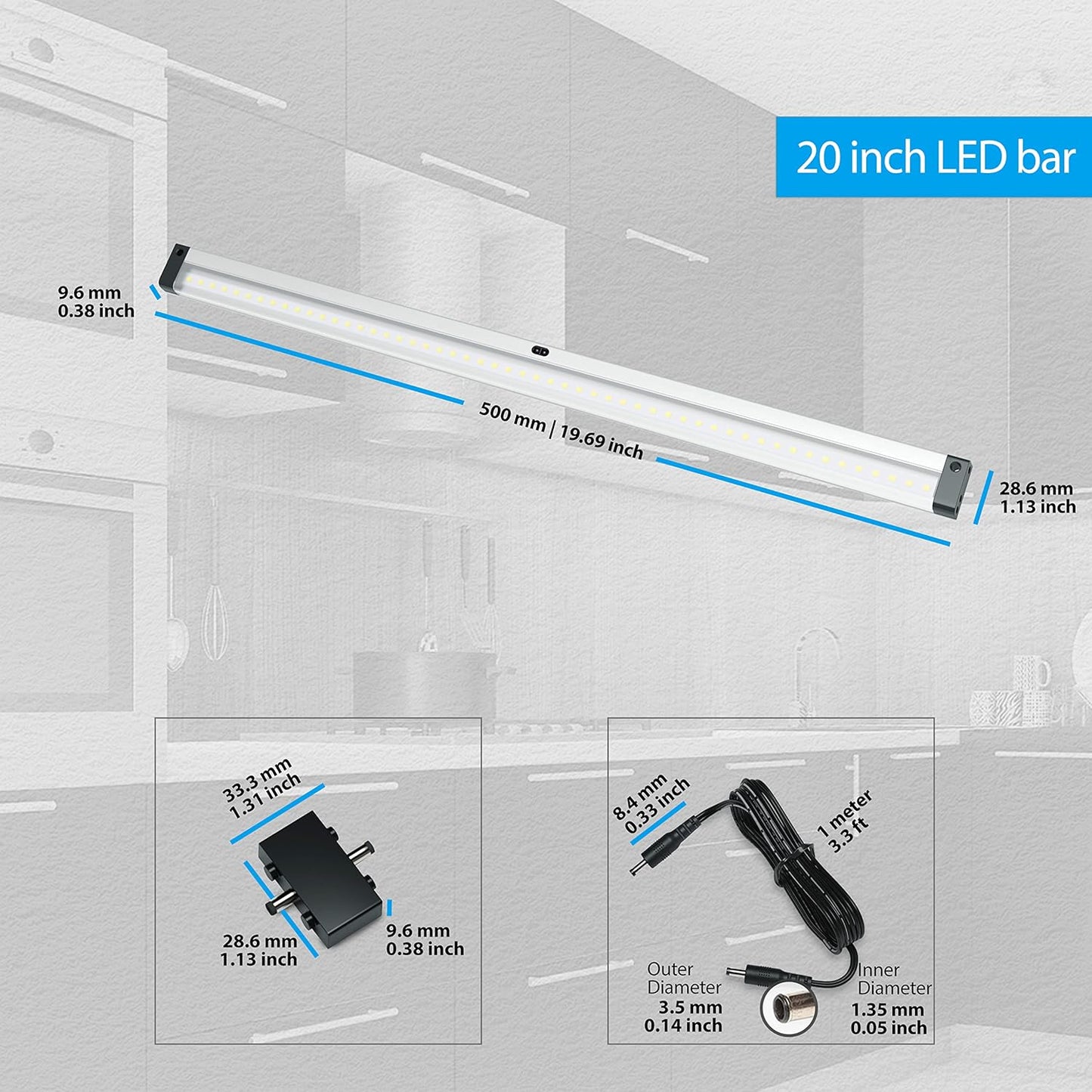 EShine Extra Long 20 inch LED Dimmable Under Cabinet Lighting Strip with Hand Wave Motion Sensor, Black, with Accessories (No Power Supply Included), Cool White (6000K)
