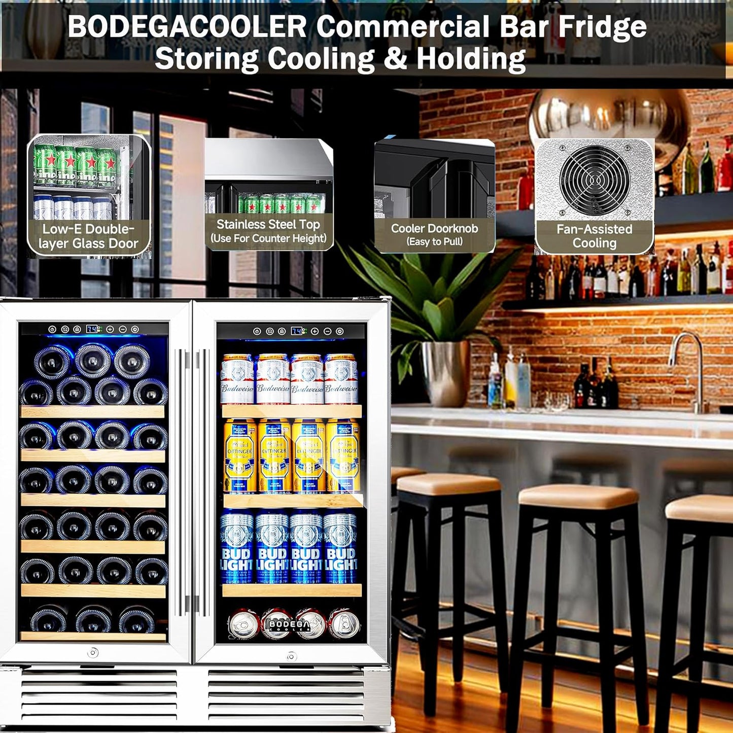 BODEGACOOLER Back Bar Cooler With 2 Glass Doors,30 Inch Wine and Beverage Refrigerator with Digital Touch,Counter Height Commercial Beverage Refrigerator, Beverage Cooler Holds 31 Bottles and 92 Cans.