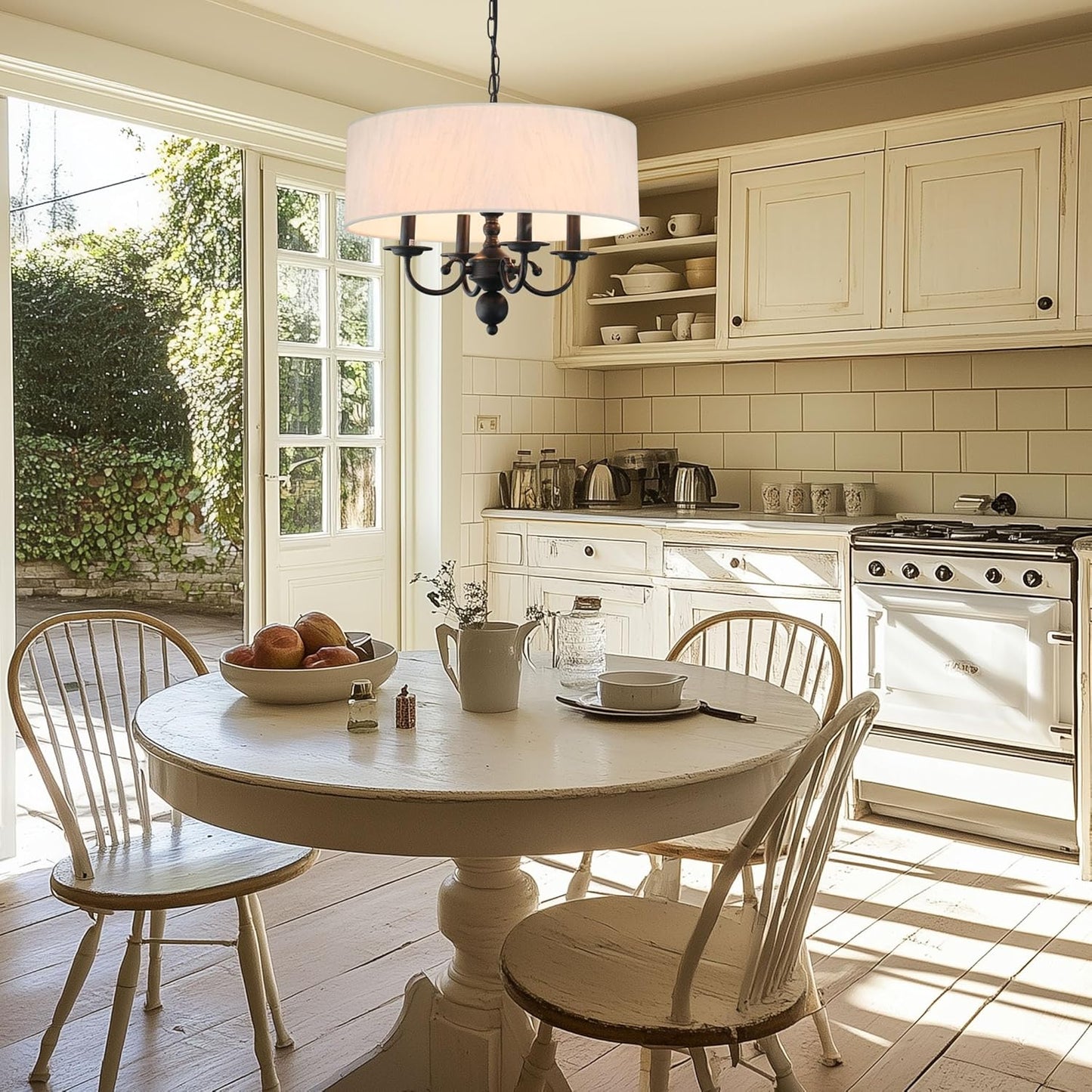 Drum Chandelier, 4-Lights Pendant Ceiling Hanging Light Fixture with Beige Shade, for Dining Room Living Room Bedroom Kitchen Island(17.75")