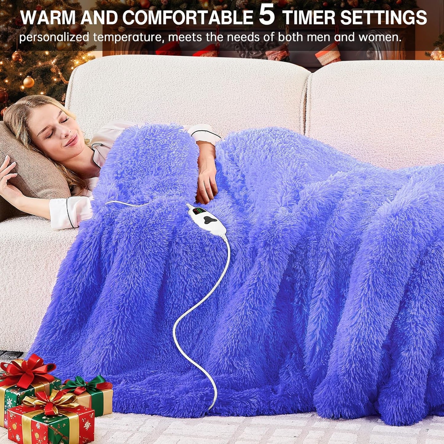 Heated Electric Blanket Twin–Faux Fur with Soft Thick Sherpa,Warm Winter Birthday Gifts for Women Grandma，10 Heat Settings,5 Time Settings with Fast Heating, 62x84, Glacier Blue