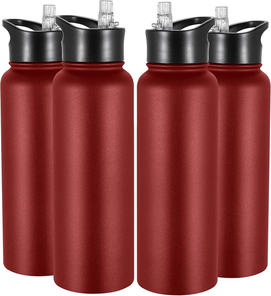 VEGOND 40 oz Insulated Water Bottle Bulk Stainless Steel Metal Water Bottles with Leak Proof Straw Lid & Spout Lid, Wide Mouth Double Walled Vacuum Travel Sports Bottle, Red 4 Pack