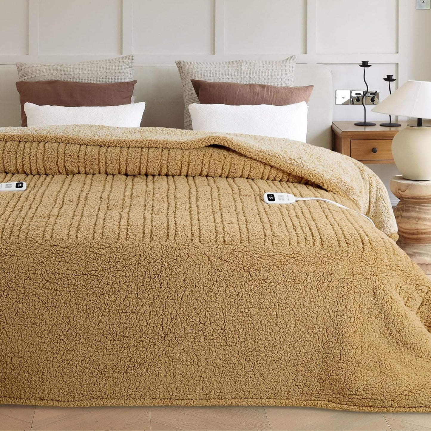 Heated Blanket Electric Blanket King - Fast Heating Blanket Throw Dual Controllers Double Sided Sherpa with 10 Heating Levels & 2-10 Hours Auto Off, Mashine Washable, 90 x 100 Inches, Camel