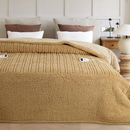 Heated Blanket Electric Blanket King - Fast Heating Blanket Throw Dual Controllers Double Sided Sherpa with 10 Heating Levels & 2-10 Hours Auto Off, Mashine Washable, 90 x 100 Inches, Camel