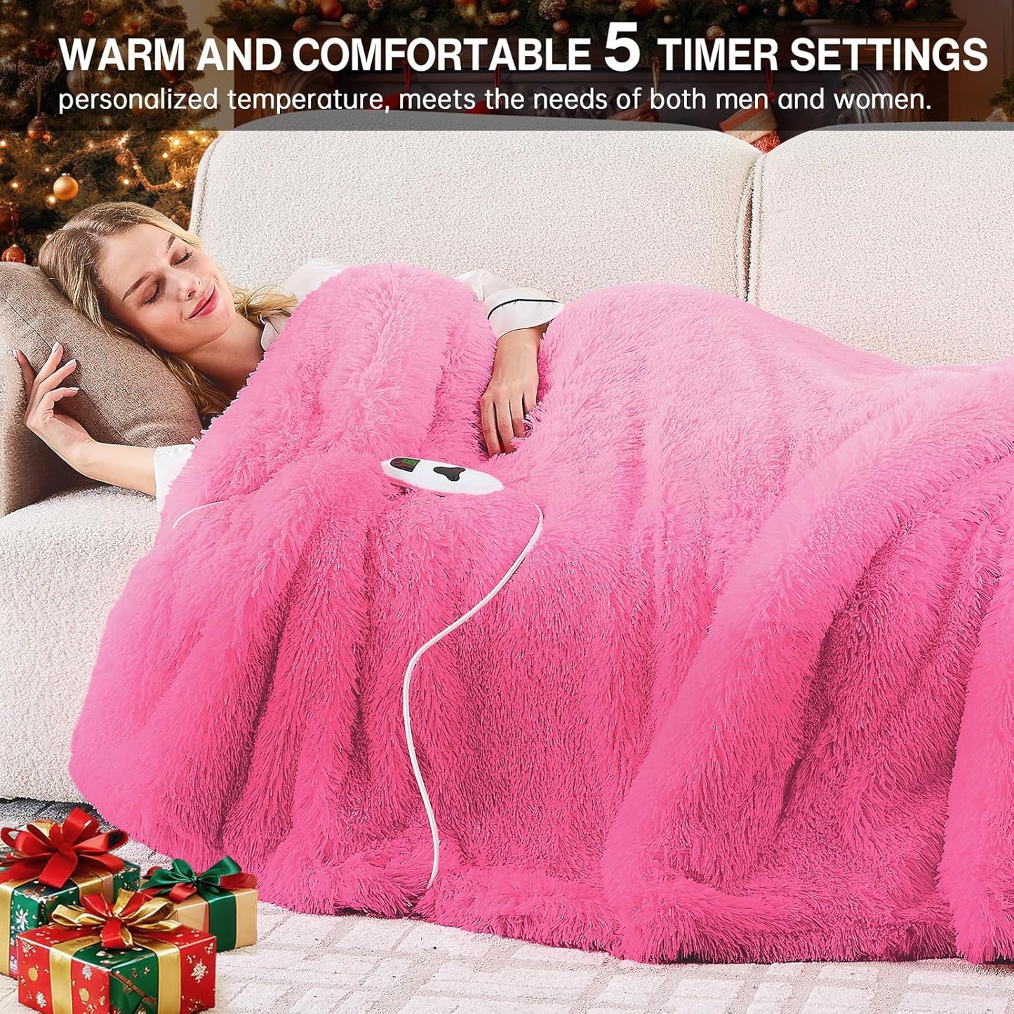 Heated Electric Blanket Throw,Warm Winter Birthday Gifts for Women Her Grandma-Faux Fur with Soft Sherpa,10 Heat Settings,5 Time Settings with Fast Heating, 50x60, Rose Red
