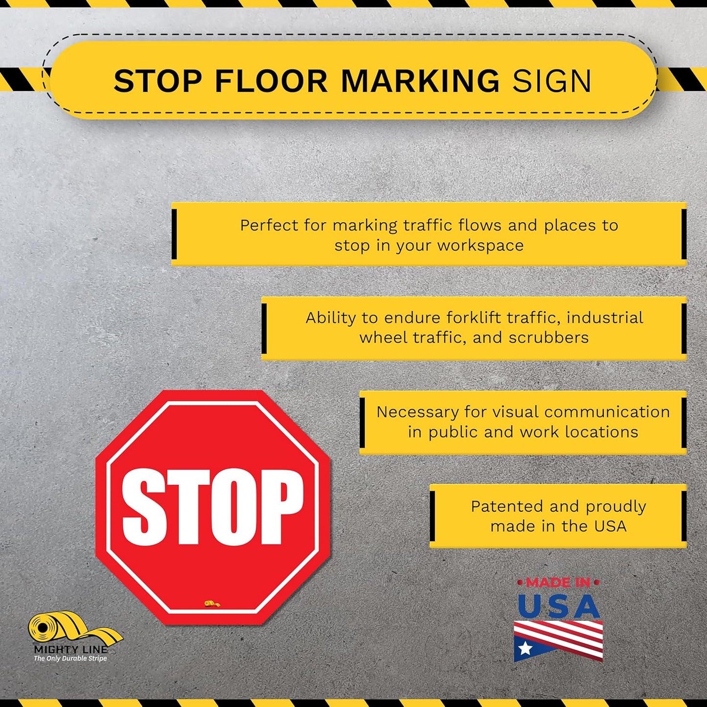 Mighty Line Stop Floor Sign Sticker for Safety, Warning, Heavy-Duty, Peel and Stick, Adhesive, Industrial Quality, 12"