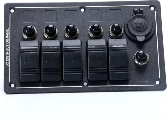 Amarine Made 5 Gang Aluminium LED Rocker & CIG Socket & Circuit Breaker Waterproof Marine/Boat/rv Switch Panel AM62-PN-LB5Z/S