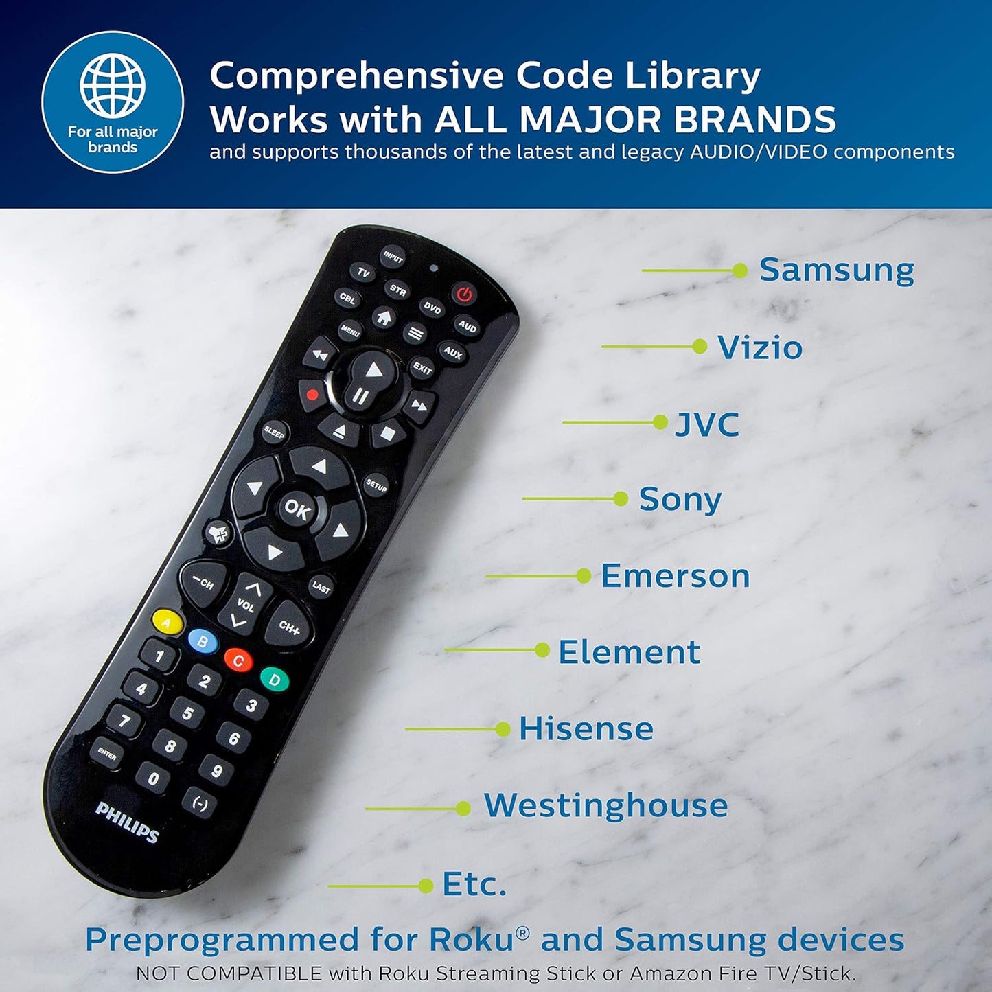 Philips Universal Remote Control for Samsung, Vizio, LG, Sony, Sharp, Roku, Apple TV, RCA, Panasonic, Smart TVs, Streaming Players, Blu-ray, DVD, Simple Setup, 6-Device, Black, SRP9263C/27