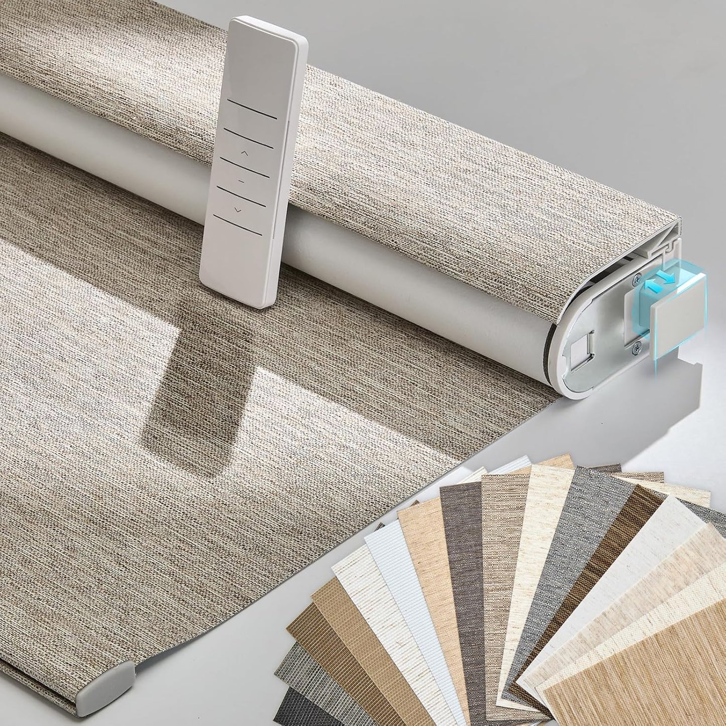 Persilux Smart Motorized Blinds with Remote, No Drill Automatic Roller Shades for Indoor Windows, Blackout Linen Fabric, Electric Blinds for Windows, Linen Light Brown C156BO-3, Custom Size