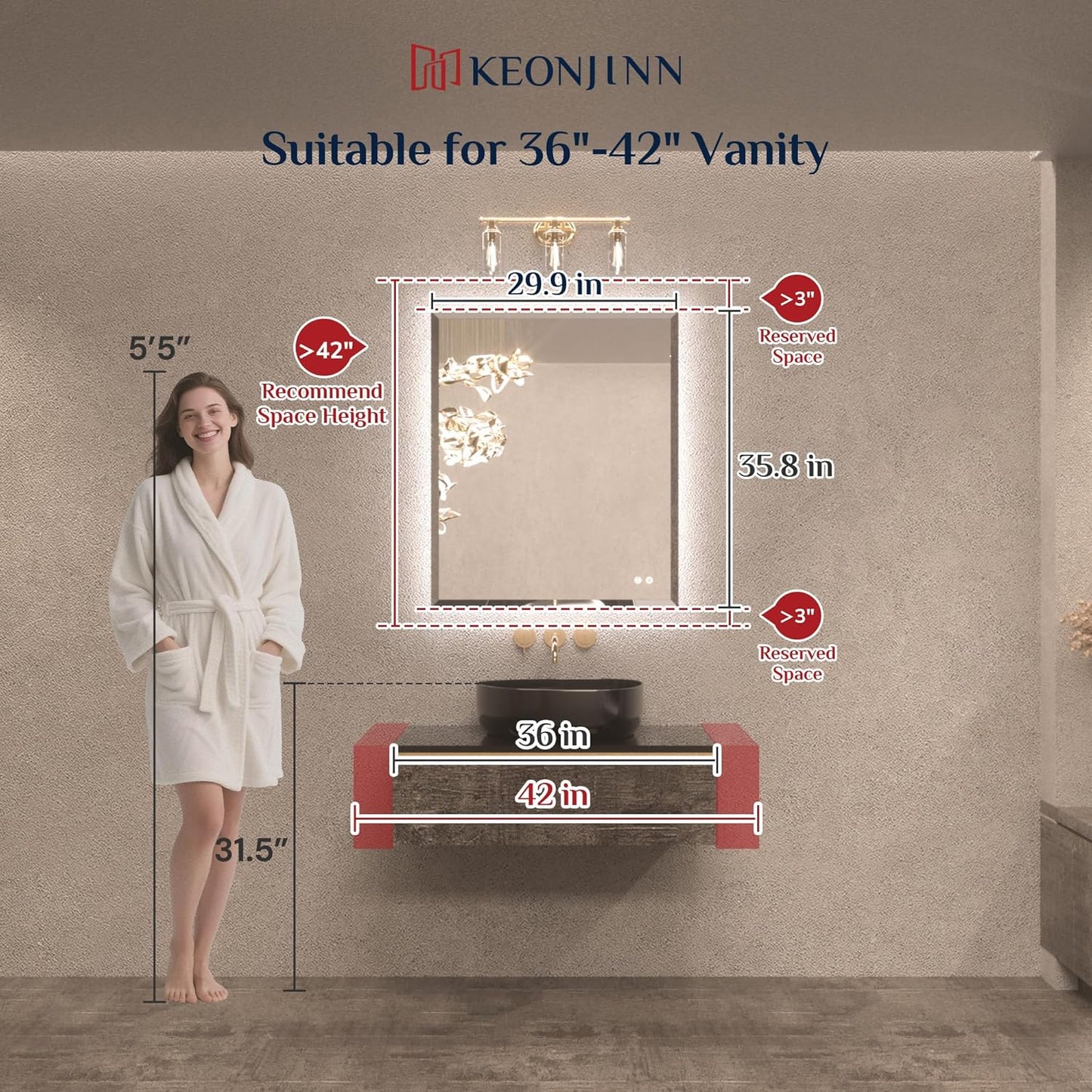 Keonjinn 30 x 36 Inch Backlit Bathroom Mirror with Lights, Light Up Mirror with Beveled Edge, UL-Listed Driver, HD Tempered Glass, 3000K/4500K/6500K, Defogging, Dimmable, Frameless LED Vanity Mirrors